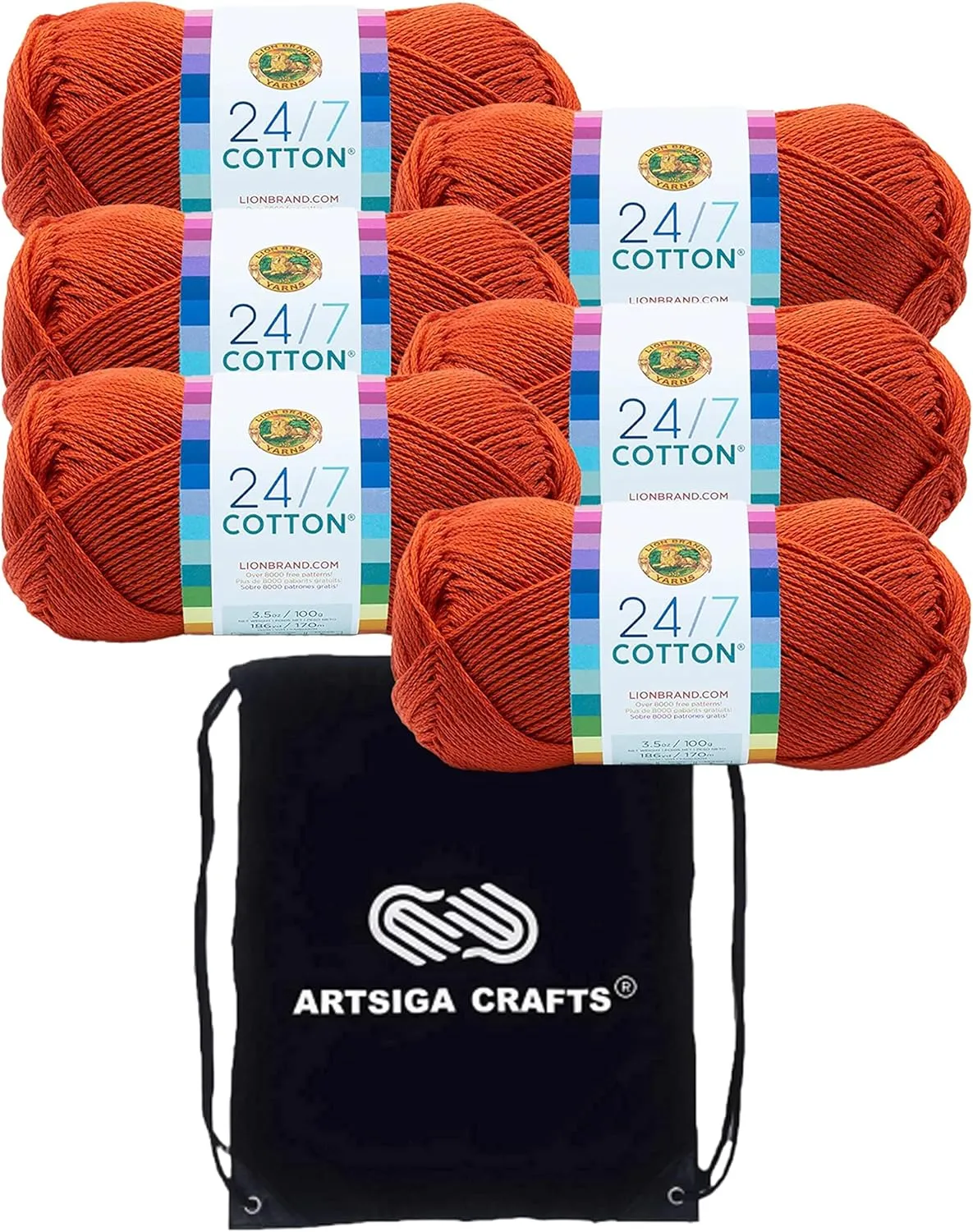 Lion Brand 24/7 Cotton Tangerine 761-133 (6-Skeins - Same Dye Lot) Worsted Medium #4 Cotton Yarn for Crocheting and Knitting with Project Bag