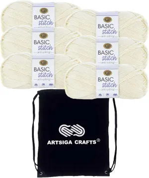 Lion Brand Basic Stitch Anti-Pilling Ecru 202-098 (6-Skeins - Same Dye Lot) Worsted Medium #4 Acrylic Yarn for Crocheting and Knitting with Project Bag
