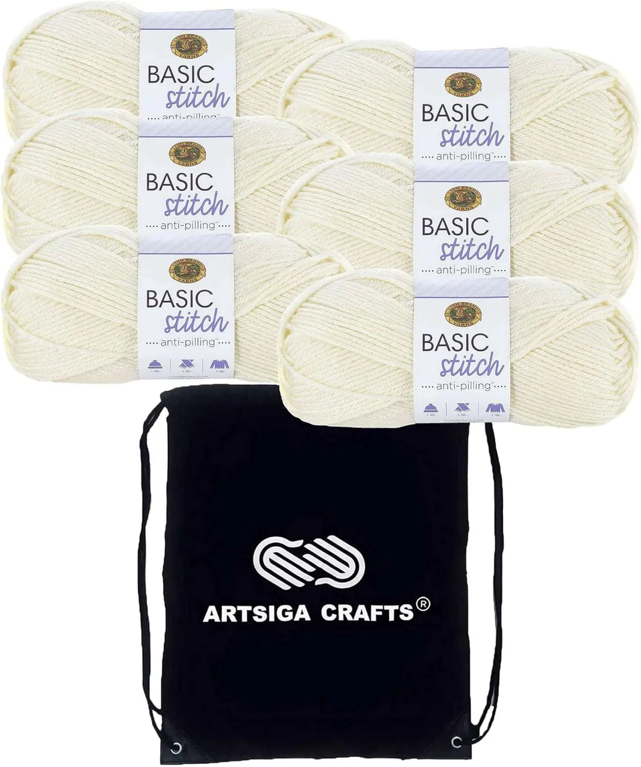 Lion Brand Basic Stitch Anti-Pilling Ecru 202-098 (6-Skeins - Same Dye Lot) Worsted Medium #4 Acrylic Yarn for Crocheting and Knitting with Project Bag