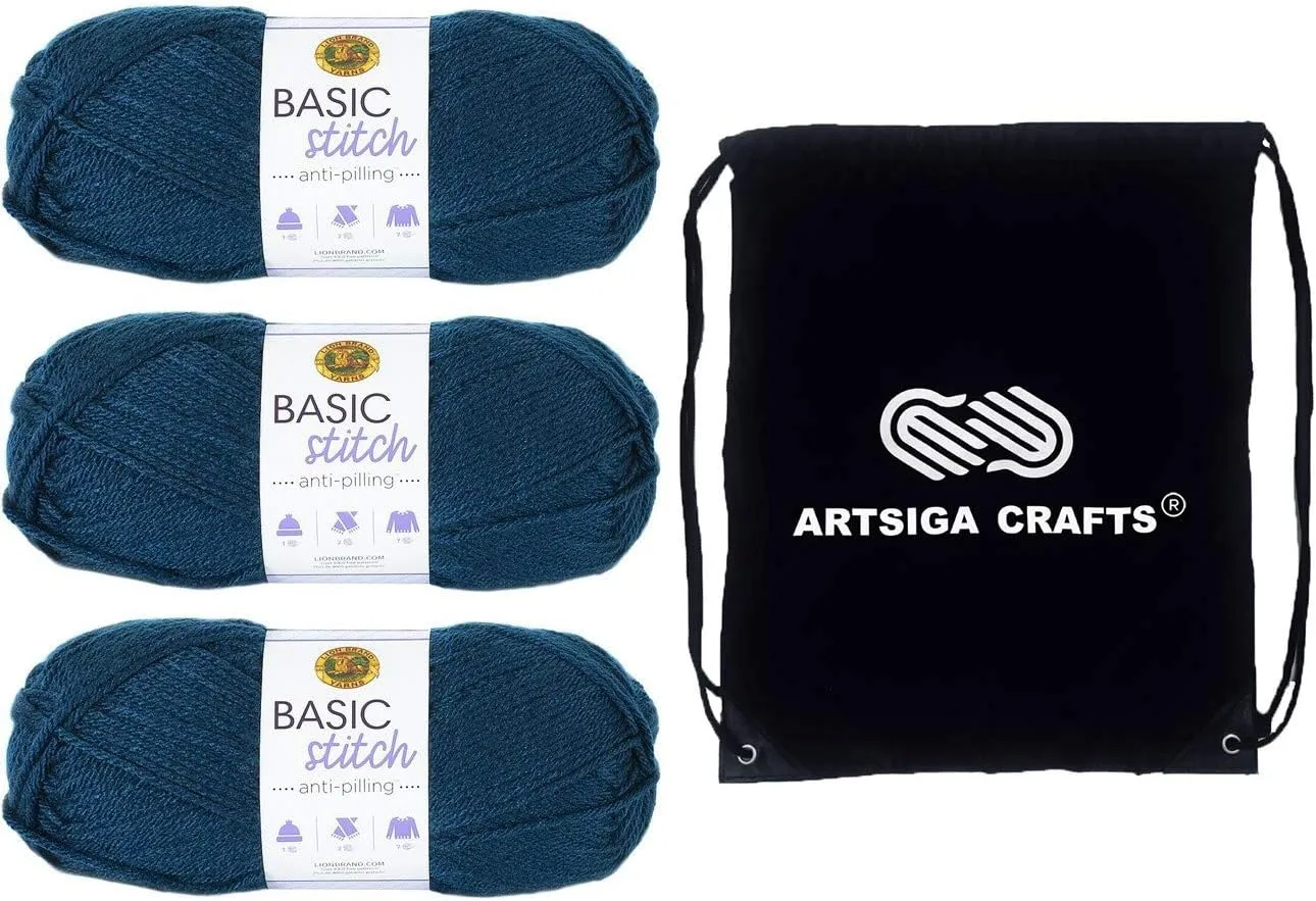 Lion Brand Basic Stitch Anti-Pilling Steel Blue 202-109 (3-Skeins - Same Dye Lot) Worsted Medium #4 Acrylic Yarn for Crocheting and Knitting with Project Bag