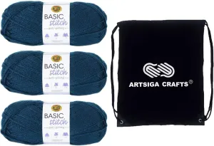 Lion Brand Basic Stitch Anti-Pilling Steel Blue 202-109 (3-Skeins - Same Dye Lot) Worsted Medium #4 Acrylic Yarn for Crocheting and Knitting with Project Bag