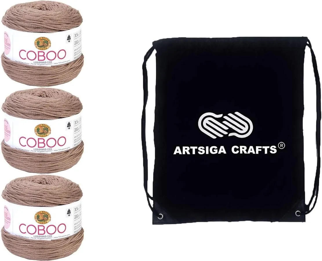 Lion Brand Coboo Taupe 835-125 (3-Skeins - Same Dye Lot) DK Light Worsted #3 Cotton, Bamboo Yarn for Crocheting and Knitting with Project Bag