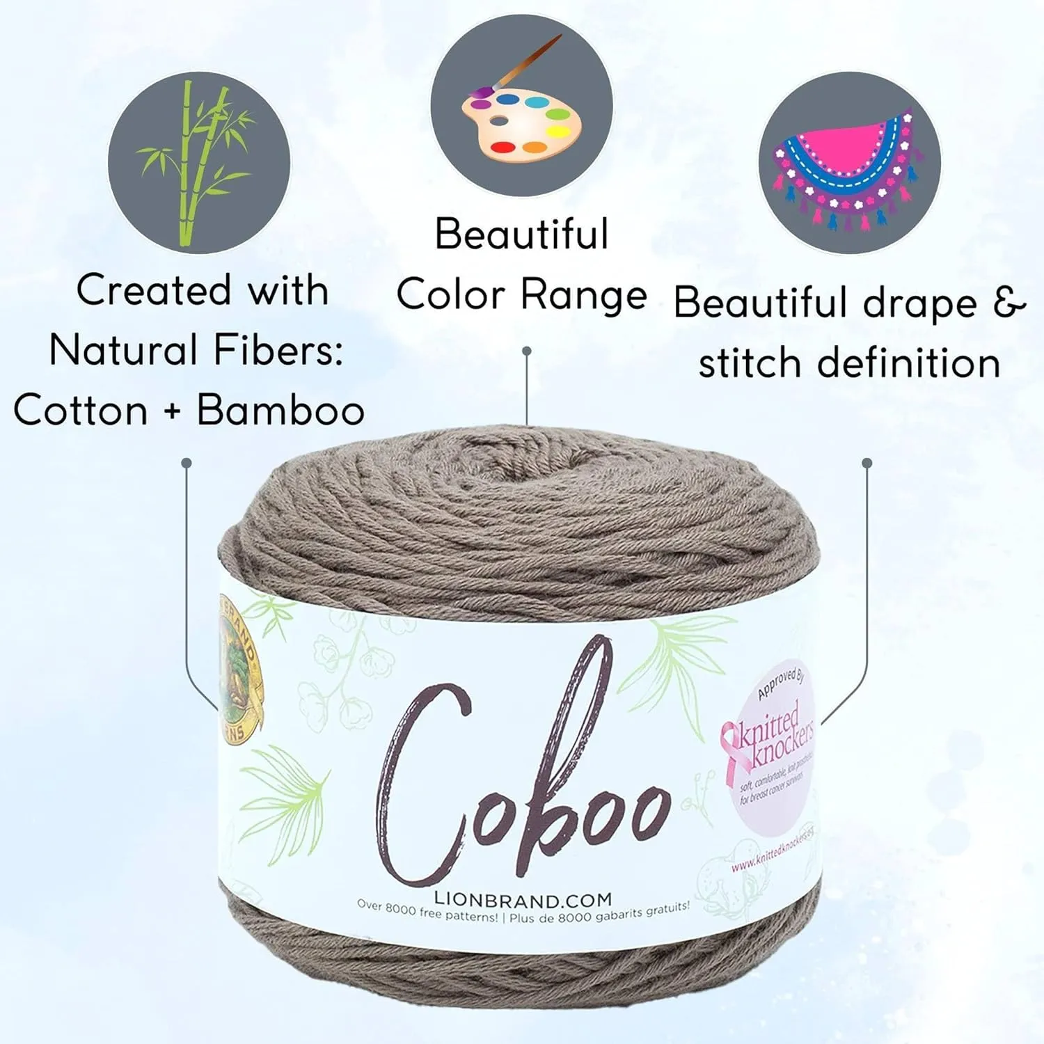 Lion Brand Coboo Taupe 835-125 (3-Skeins - Same Dye Lot) DK Light Worsted #3 Cotton, Bamboo Yarn for Crocheting and Knitting with Project Bag