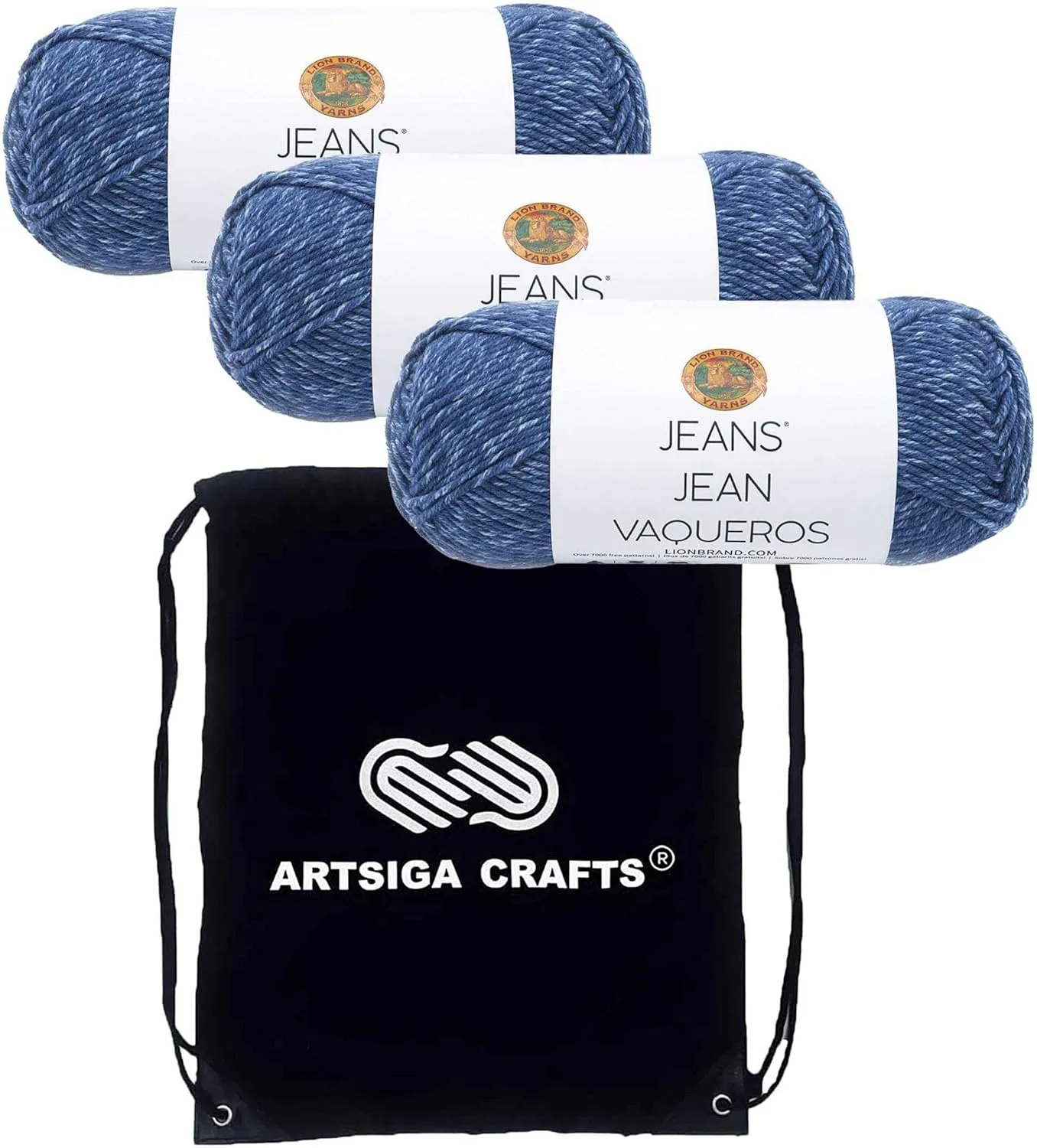 Lion Brand Jeans Stonewash 505-109 (3-Skeins - Same Dye Lot) Worsted Medium #4 Acrylic Yarn for Crocheting and Knitting with Project Bag