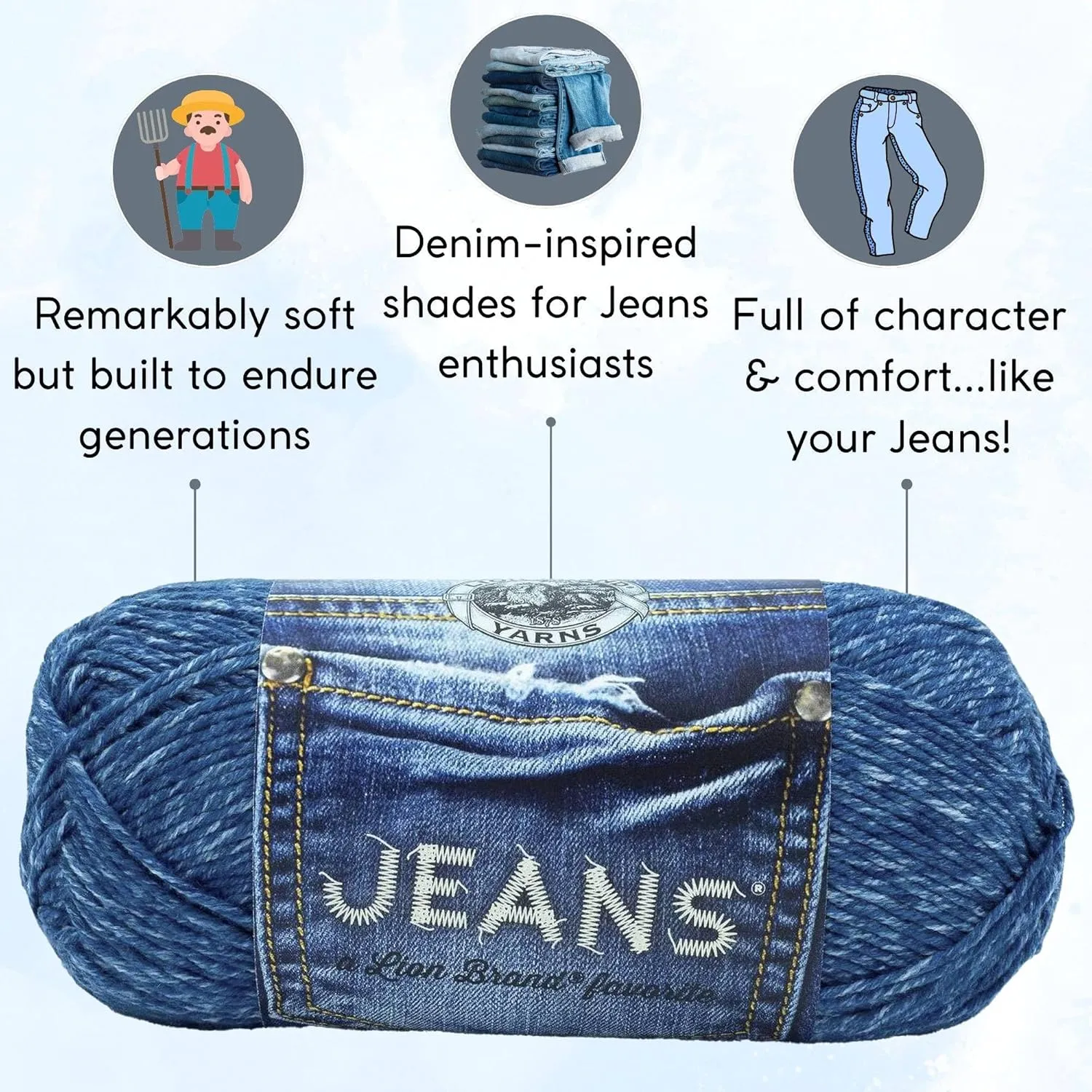 Lion Brand Jeans Stonewash 505-109 (3-Skeins - Same Dye Lot) Worsted Medium #4 Acrylic Yarn for Crocheting and Knitting with Project Bag