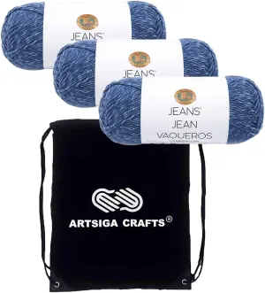 Lion Brand Jeans Stonewash 505-109 (3-Skeins - Same Dye Lot) Worsted Medium #4 Acrylic Yarn for Crocheting and Knitting with Project Bag