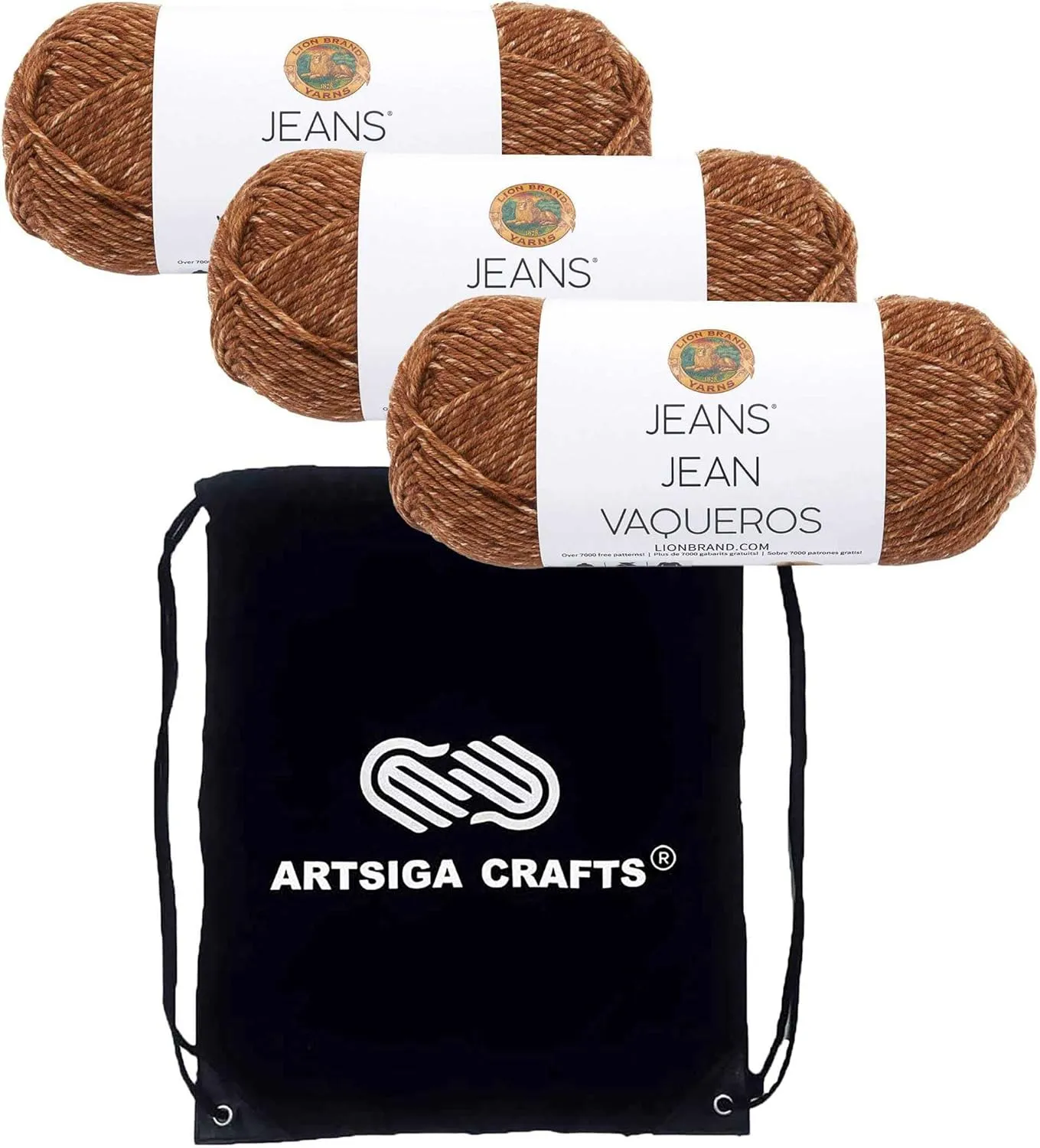 Lion Brand Jeans Top Stitch 505-121 (3-Skeins - Same Dye Lot) Worsted Medium #4 Acrylic Yarn for Crocheting and Knitting with Project Bag