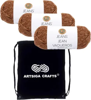 Lion Brand Jeans Top Stitch 505-121 (3-Skeins - Same Dye Lot) Worsted Medium #4 Acrylic Yarn for Crocheting and Knitting with Project Bag