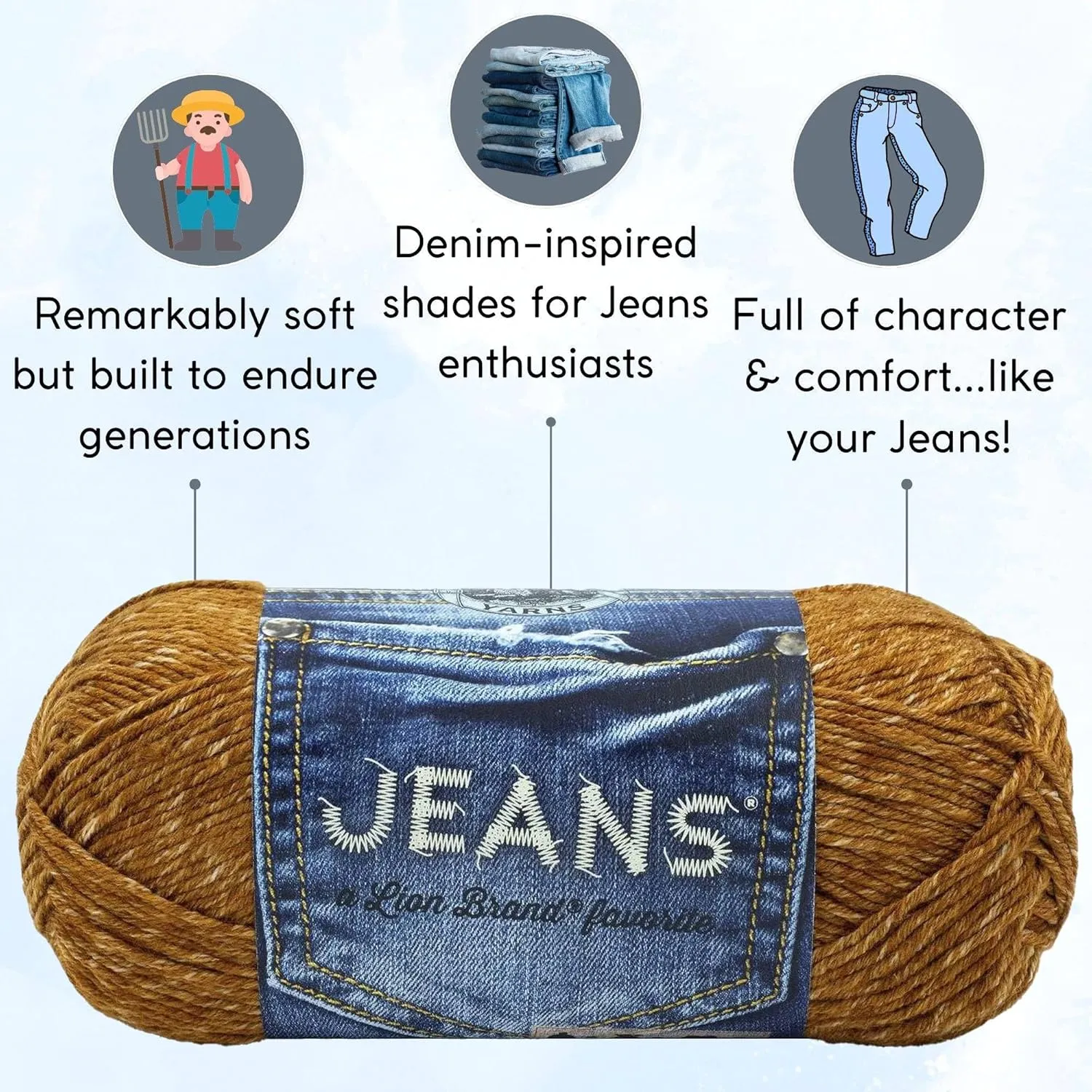 Lion Brand Jeans Top Stitch 505-121 (6-Skeins - Same Dye Lot) Worsted Medium #4 Acrylic Yarn for Crocheting and Knitting with Project Bag