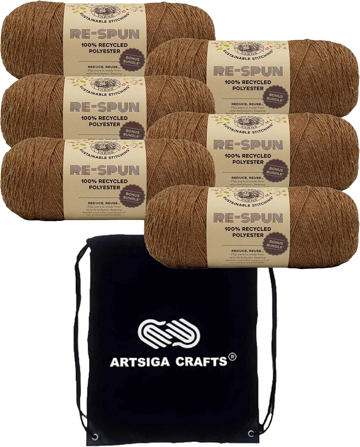 Lion Brand Re Spun Bonus Cider 126-125 (6-Skeins - Same Dye Lot) Worsted Medium #4 Polyester Yarn for Crocheting and Knitting with Project Bag