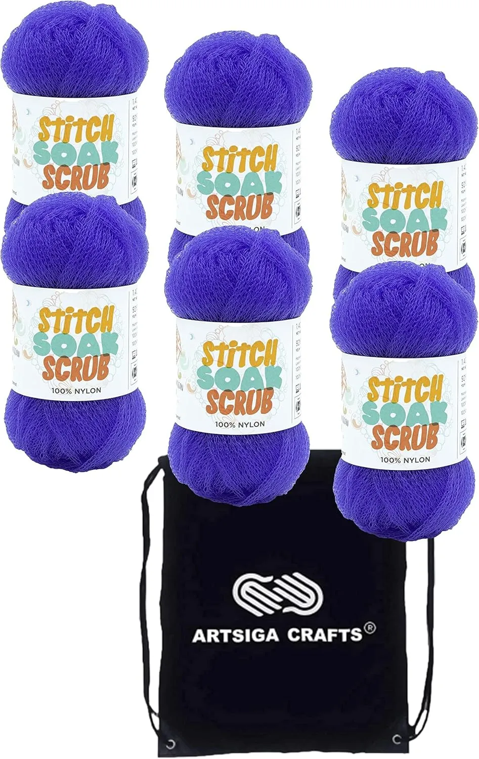 Lion Brand Stitch Soak Scrub Sapphire 781-109 (6-Skeins - Same Dye Lot) Worsted Medium #4 Nylon Yarn for Crocheting and Knitting with Project Bag