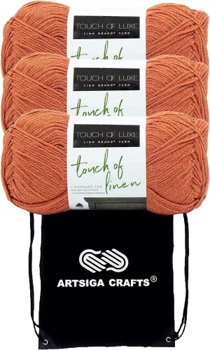 Lion Brand Touch of Linen Terracotta 682-134 (3-Skeins - Same Dye Lot) Worsted Medium #4 Cotton, Linen Yarn for Crocheting and Knitting with Project Bag