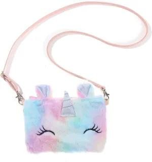 Little Girls Kids Toddler Unicorn Tie Dye Fuzzy Plush Crossbody Shoulder Purse Rainbow Faux Fur Handbag