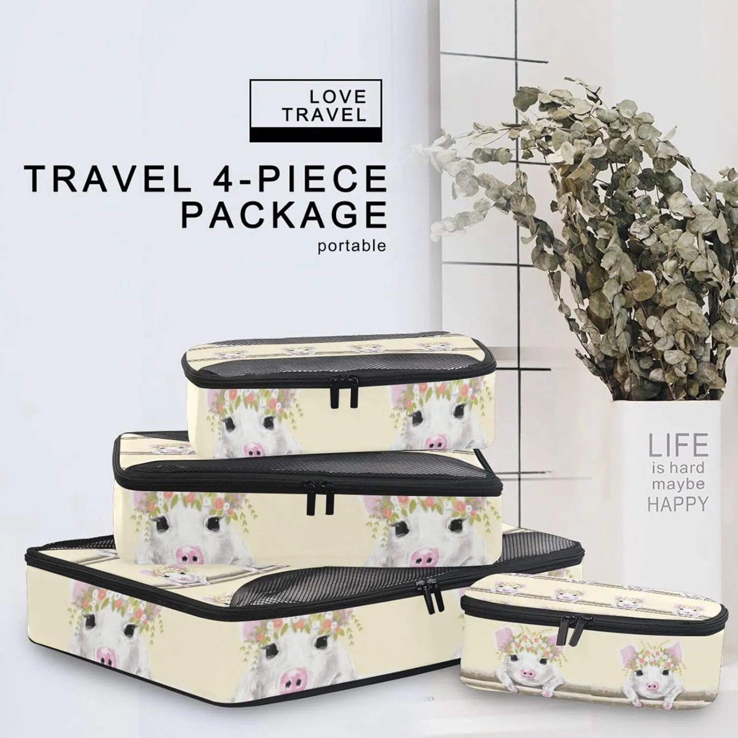 Little White Pink Pig Piglet with Floral Wreath on Fence 4 PCs Set Packing Bags, Luggage Organizer Bag, Portable Cube Toiletry bag, Durable Travel Cosmetic Storage Bag for Men Women