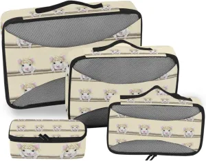 Little White Pink Pig Piglet with Floral Wreath on Fence 4 PCs Set Packing Bags, Luggage Organizer Bag, Portable Cube Toiletry bag, Durable Travel Cosmetic Storage Bag for Men Women