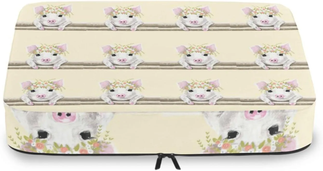 Little White Pink Pig Piglet with Floral Wreath on Fence 4 PCs Set Packing Bags, Luggage Organizer Bag, Portable Cube Toiletry bag, Durable Travel Cosmetic Storage Bag for Men Women