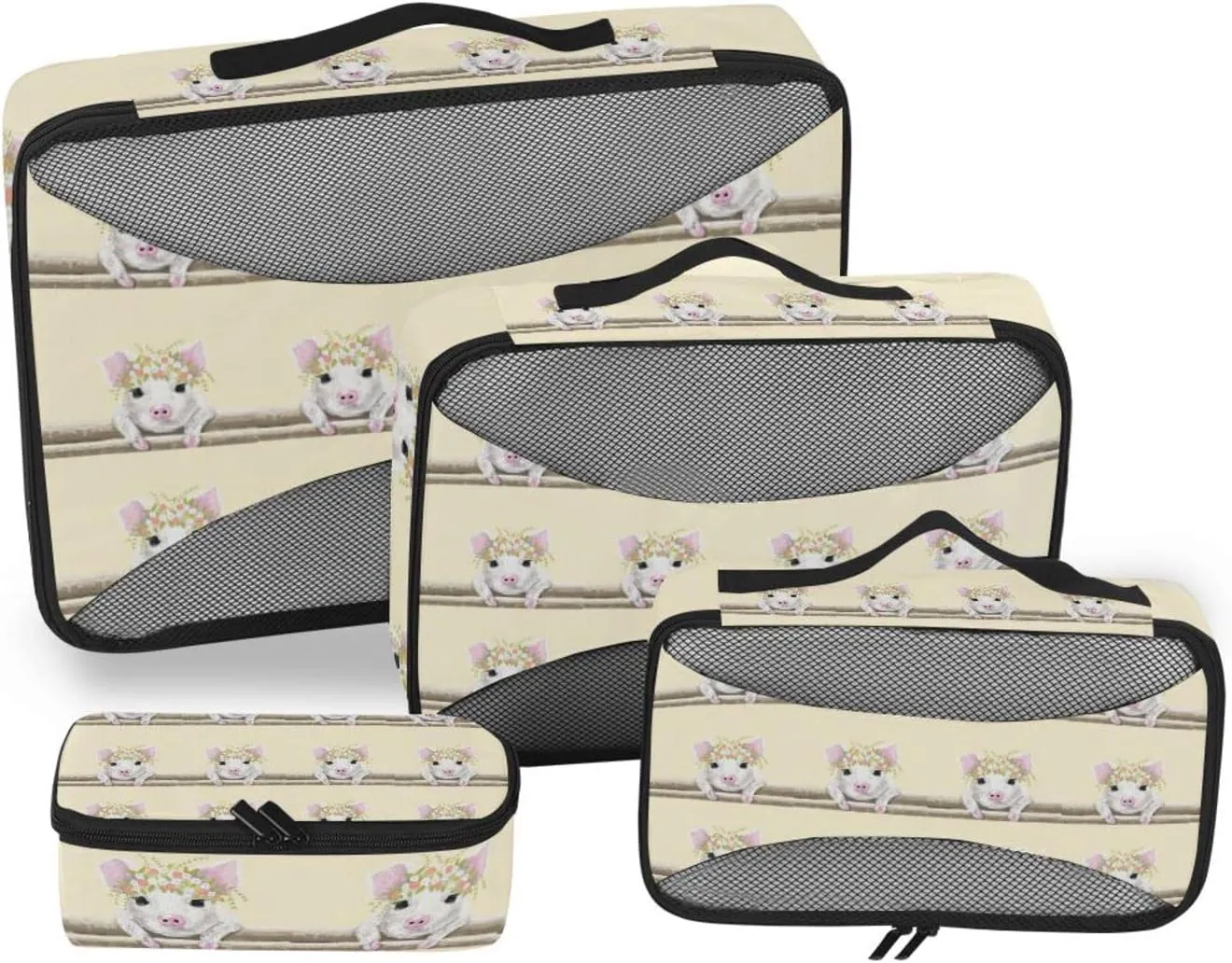 Little White Pink Pig Piglet with Floral Wreath on Fence 4 PCs Set Packing Bags, Luggage Organizer Bag, Portable Cube Toiletry bag, Durable Travel Cosmetic Storage Bag for Men Women
