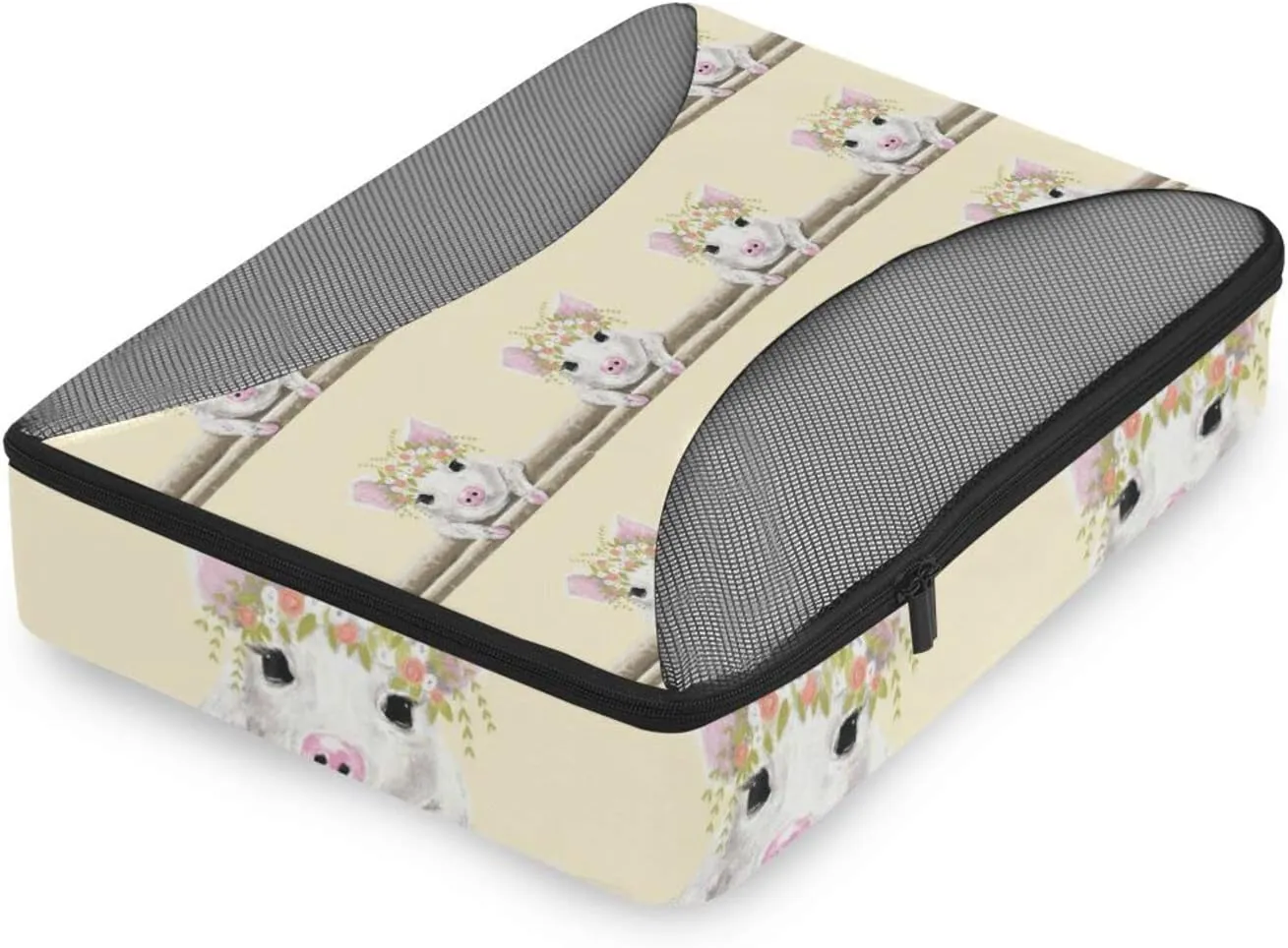 Little White Pink Pig Piglet with Floral Wreath on Fence 4 PCs Set Packing Bags, Luggage Organizer Bag, Portable Cube Toiletry bag, Durable Travel Cosmetic Storage Bag for Men Women