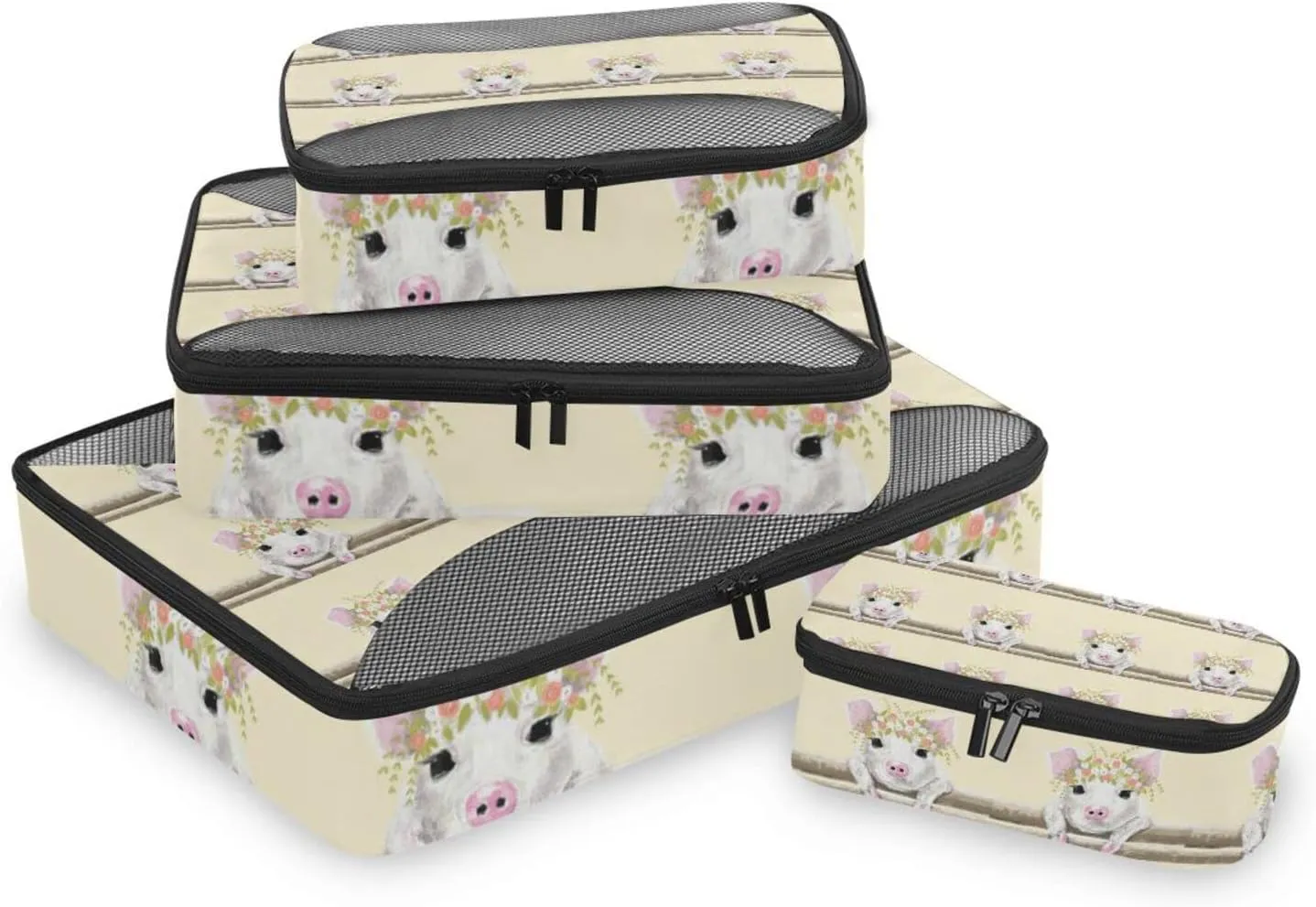 Little White Pink Pig Piglet with Floral Wreath on Fence 4 PCs Set Packing Bags, Luggage Organizer Bag, Portable Cube Toiletry bag, Durable Travel Cosmetic Storage Bag for Men Women