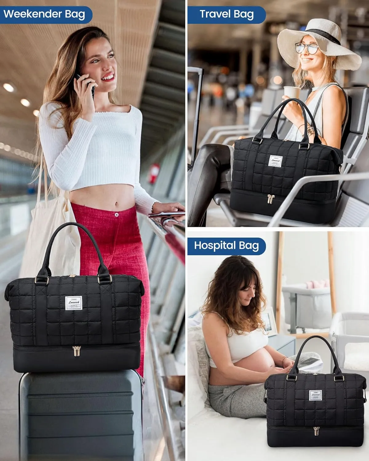 LOVEVOOK Puffer Weekender Bags for Women with Shoe Compartment, Carry On Overnight Bag with Toiletry Bag,Hospital Bag for Labor and Delivery, Gym Duffel Bag with Wet Pocket,2Pcs Set
