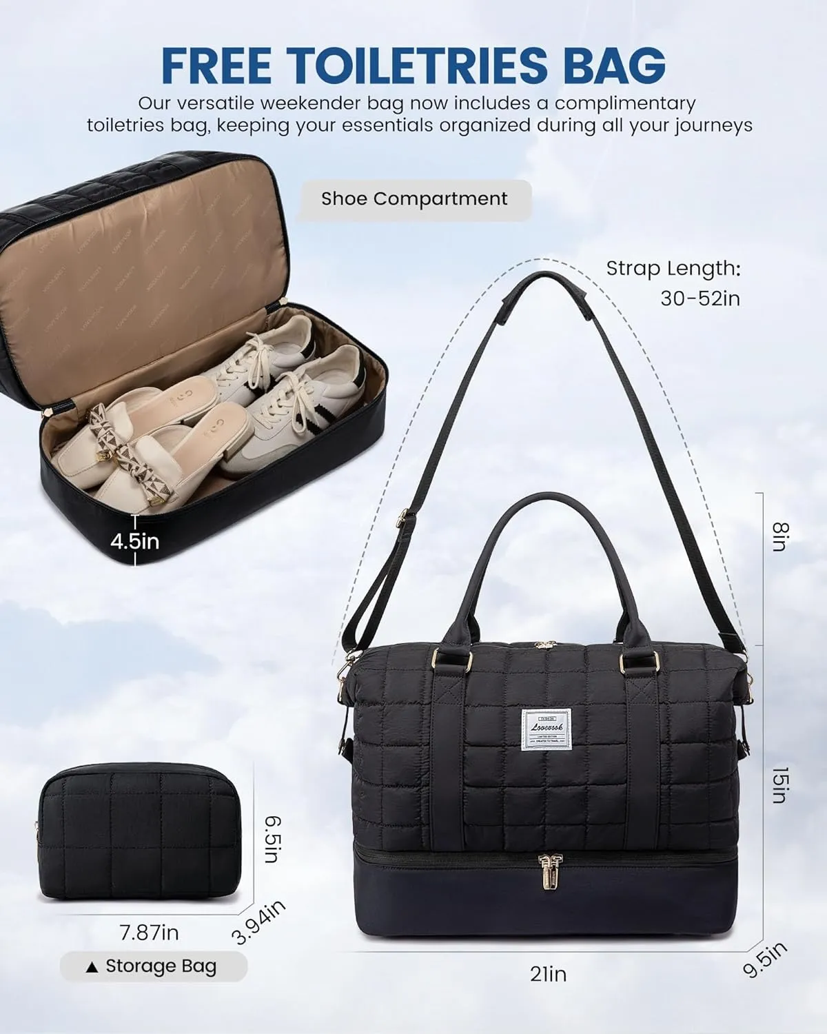 LOVEVOOK Puffer Weekender Bags for Women with Shoe Compartment, Carry On Overnight Bag with Toiletry Bag,Hospital Bag for Labor and Delivery, Gym Duffel Bag with Wet Pocket,2Pcs Set
