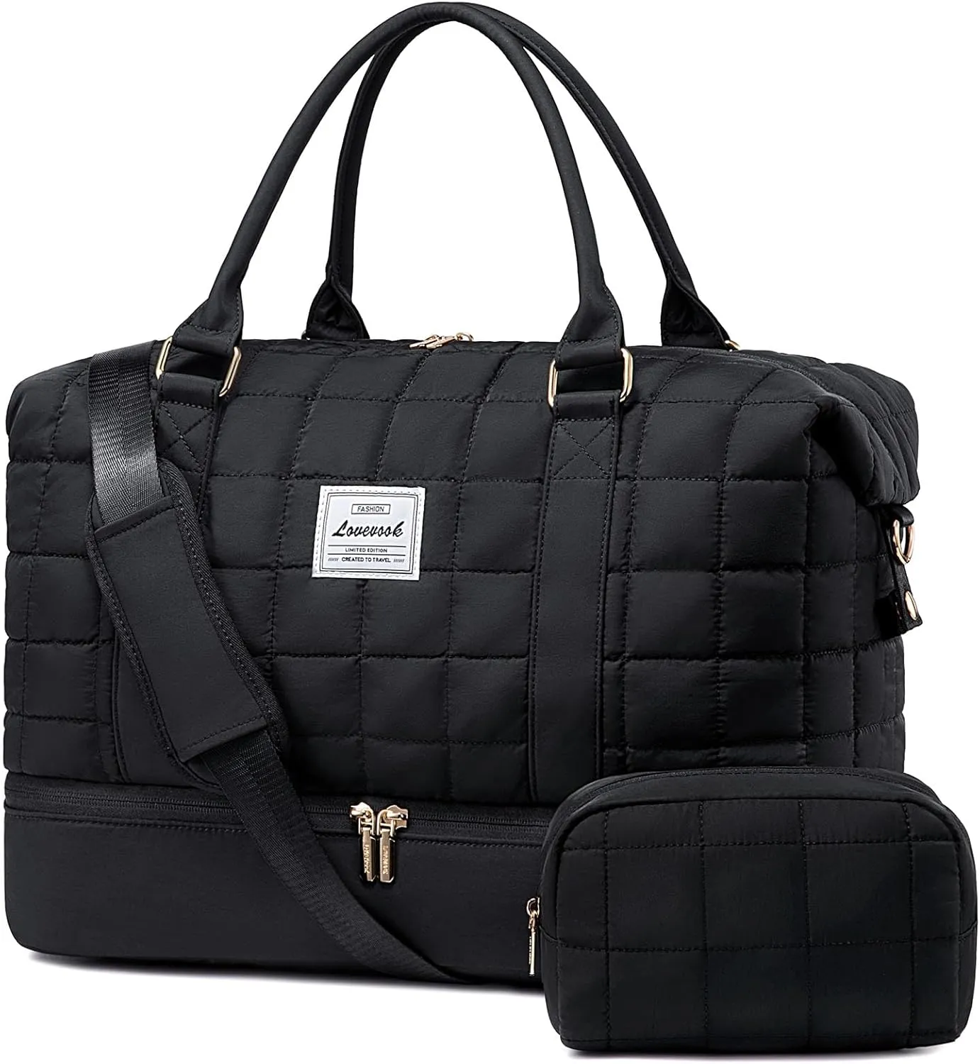 LOVEVOOK Puffer Weekender Bags for Women with Shoe Compartment, Carry On Overnight Bag with Toiletry Bag,Hospital Bag for Labor and Delivery, Gym Duffel Bag with Wet Pocket,2Pcs Set