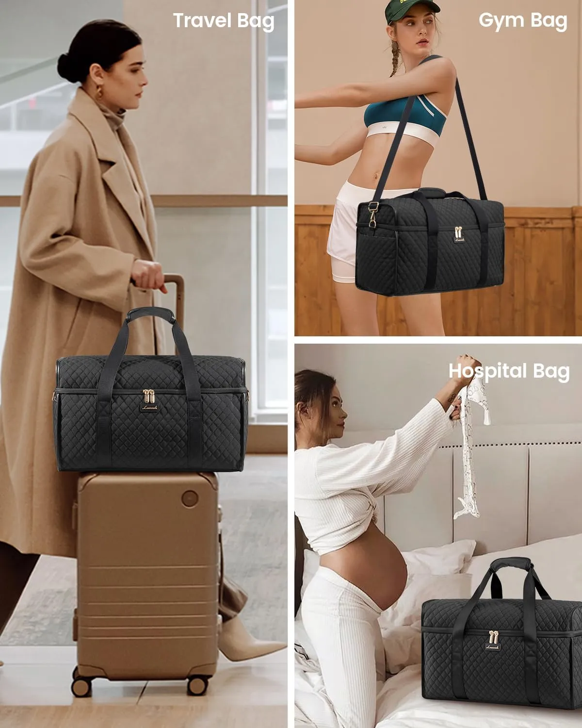 LOVEVOOK Travel Duffle Bag, Weekender Bags For Women, Carry On Duffel Bags For Airplanes, Overnight Bag With Toiletry Bag, Hospital Bag for Labor and Delivery, Yoga Gym Bag with Wet Pocket, 3Pcs Set