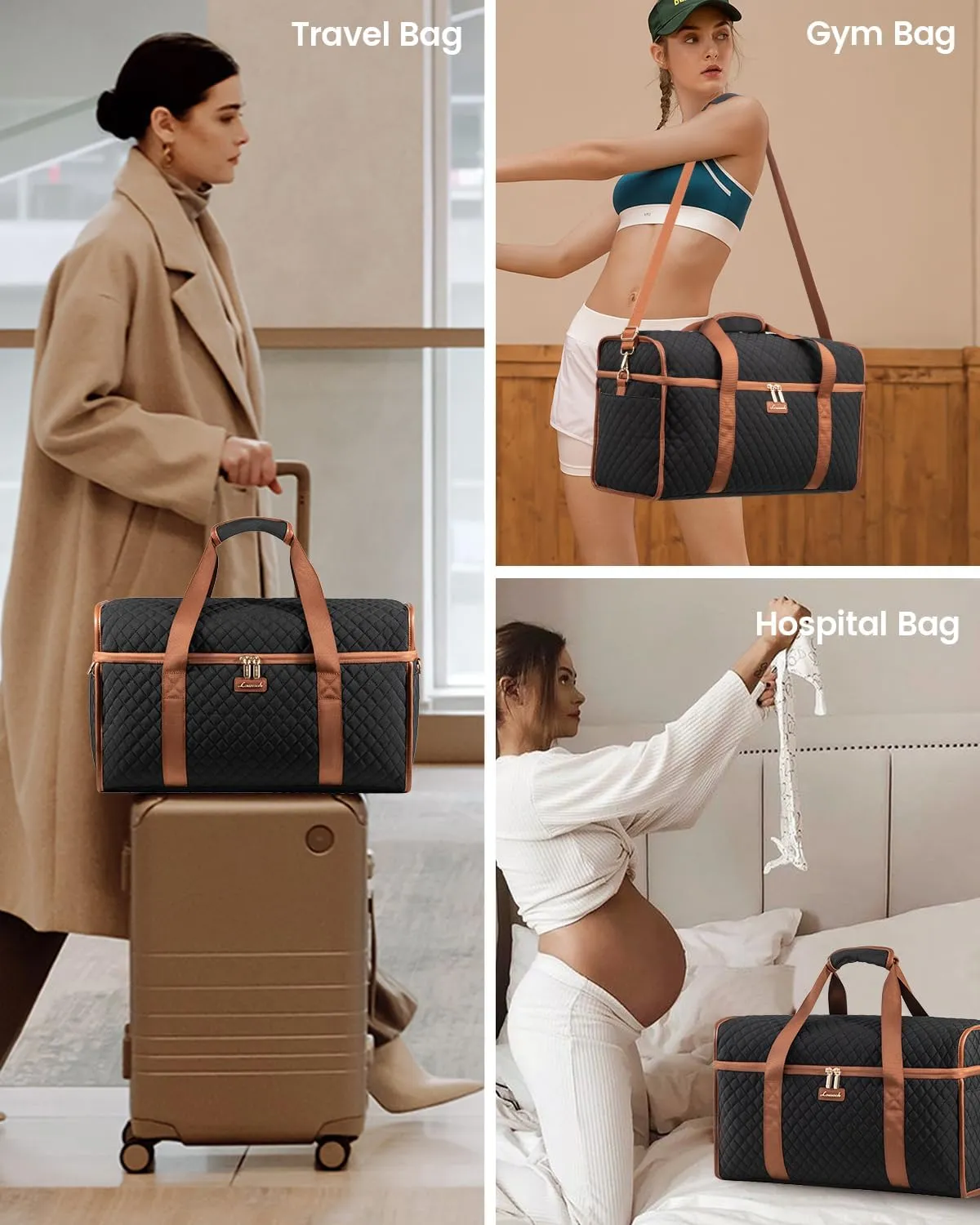 LOVEVOOK Travel Duffle Bag, Weekender Bags For Women, Carry On Duffel Bags For Airplanes, Overnight Bag With Toiletry Bag, Hospital Bag for Labor and Delivery, Yoga Gym Bag with Wet Pocket, 3Pcs Set