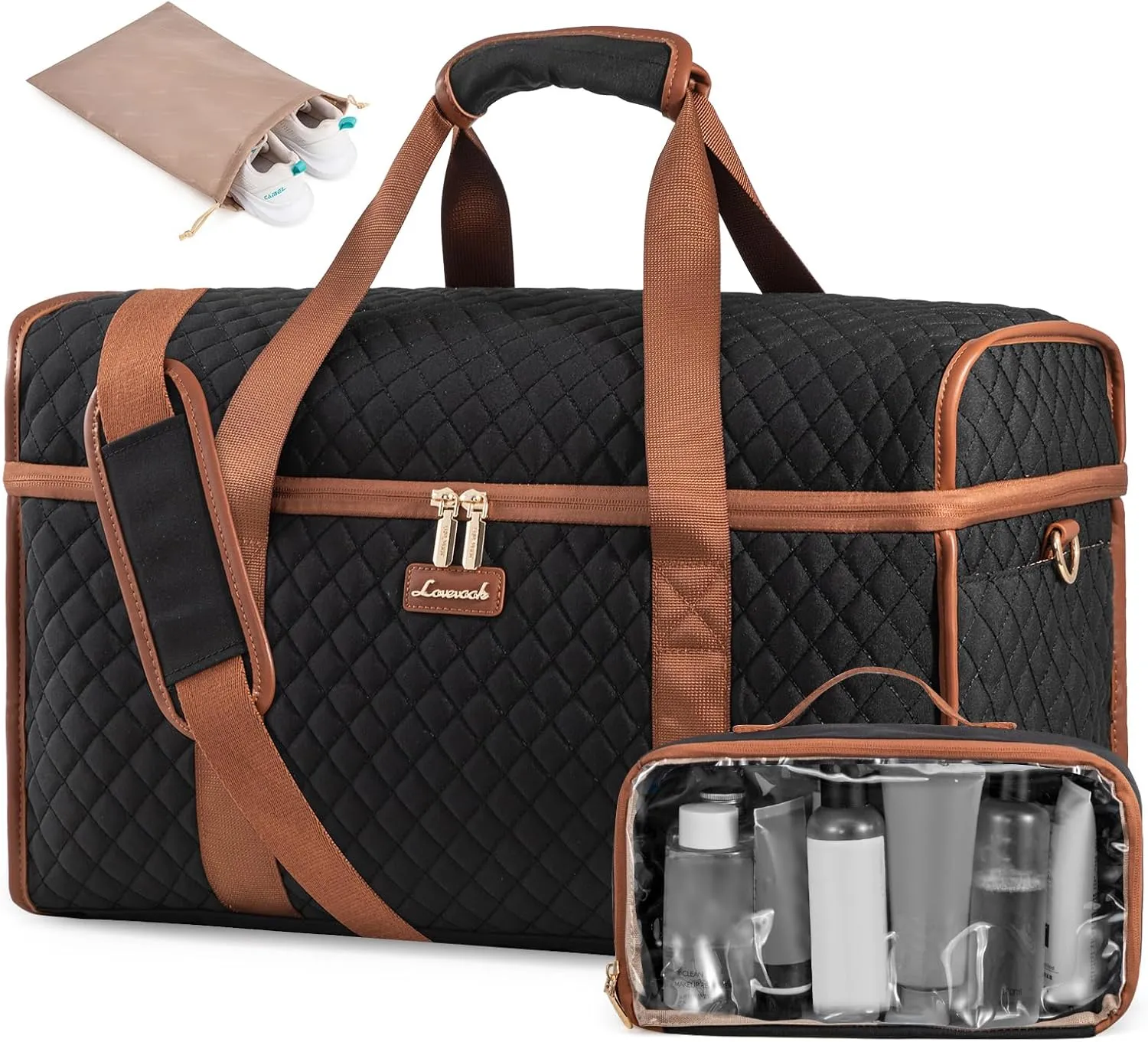 LOVEVOOK Travel Duffle Bag, Weekender Bags For Women, Carry On Duffel Bags For Airplanes, Overnight Bag With Toiletry Bag, Hospital Bag for Labor and Delivery, Yoga Gym Bag with Wet Pocket, 3Pcs Set
