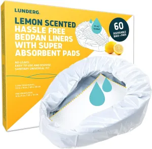 Lunderg Bedpan Liners with Lemon Scented Super Absorbent Pads - Value Pack 60 Count - Medical Grade & Universal Fit - Bed Pans for Females, Elderly Men and Women - Make Life so Much Easier