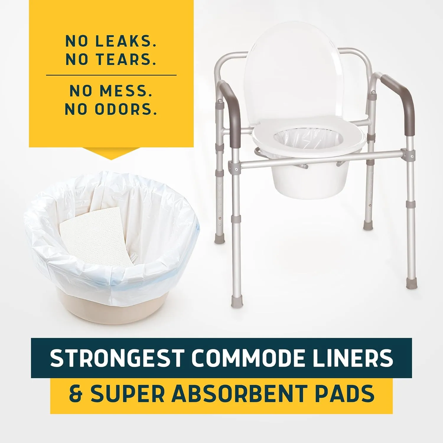 Lunderg Commode Liners with Absorbent Pads - Lemon Scent Medical Grade 50 Count Universal Fit - Disposable Bedside Commode Liners and Pads for Adult Chairs, Portable Buckets & Camping Toilet Bags