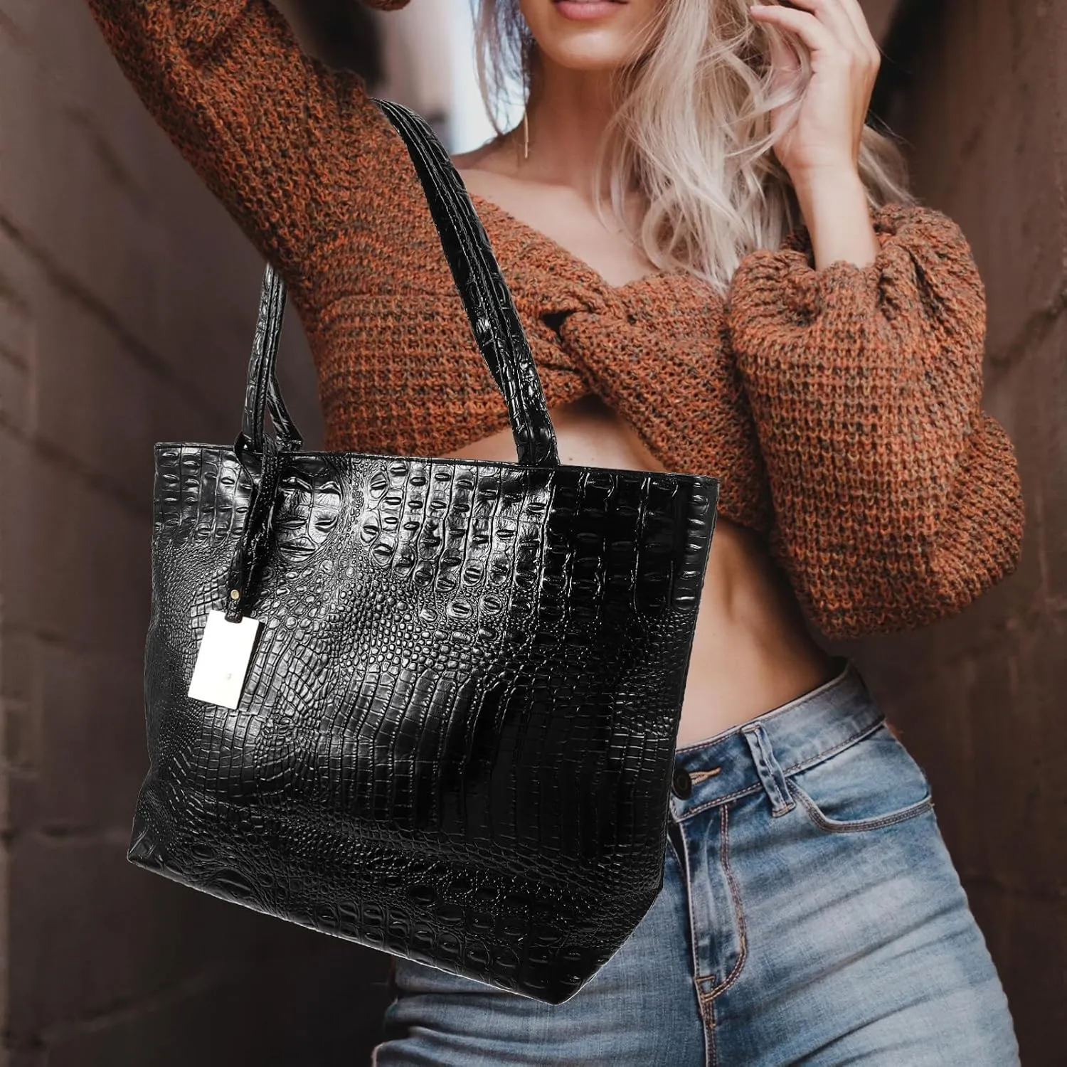 Luxshiny Women Handbag, Large Capacity Tote Bag Crocodile Shoulder Bags with Chain Strap for Women Girls (Black)