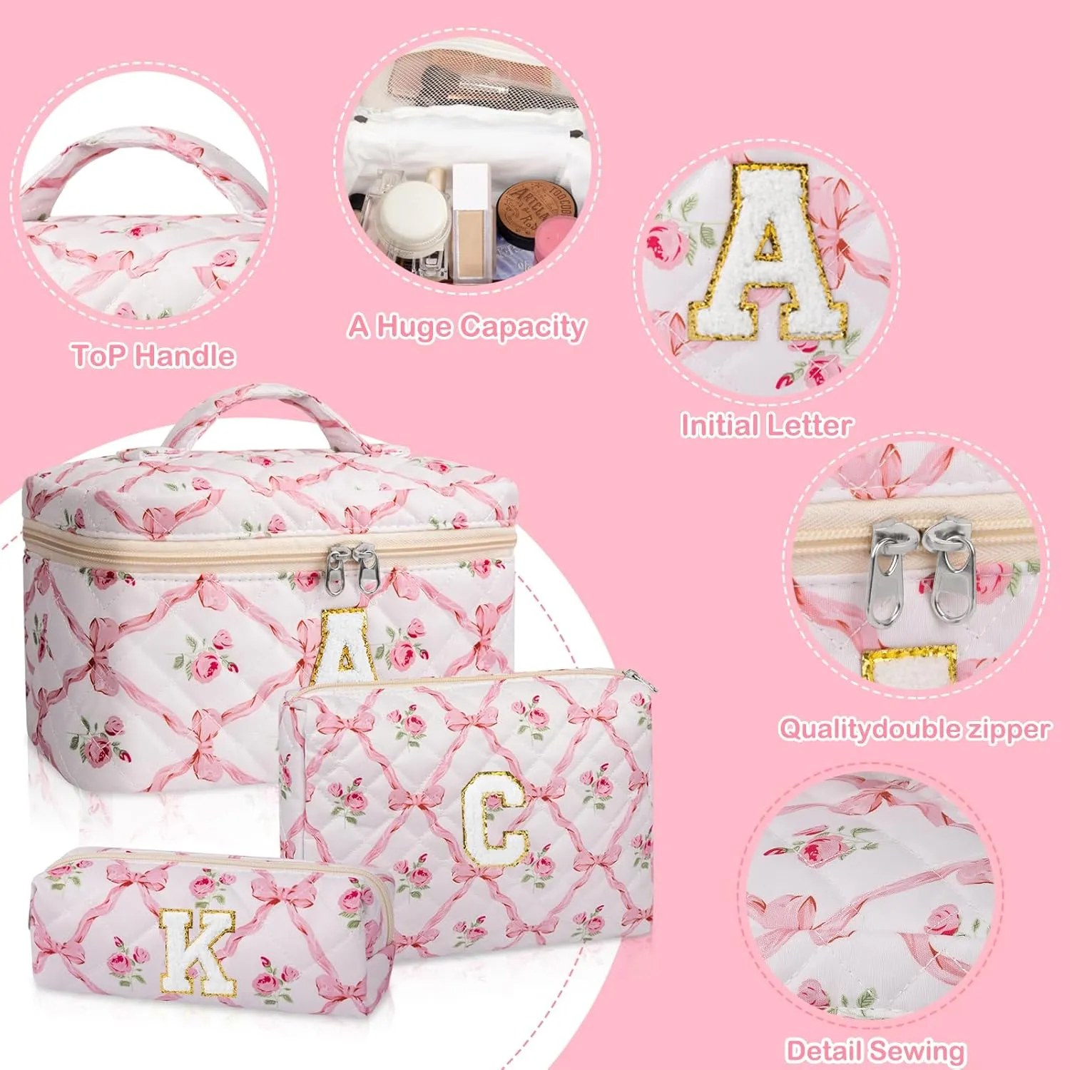 Makeup Bag, Personalized Initial Make up Bag Set, Large Quilted Cosmetic Bag, Cute Floral Makeup Bags for Women Girls, Flower Travel Toiletry Bag Teen Girl Gift A