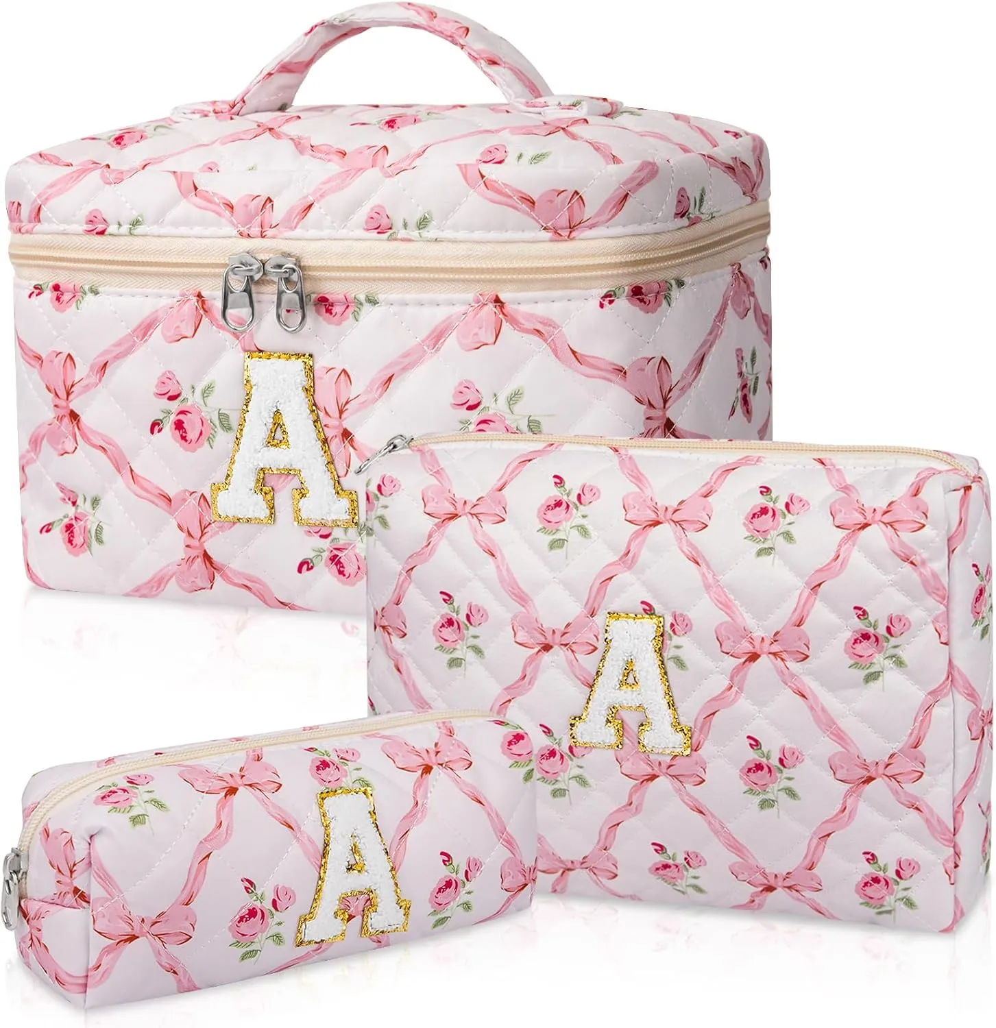 Makeup Bag, Personalized Initial Make up Bag Set, Large Quilted Cosmetic Bag, Cute Floral Makeup Bags for Women Girls, Flower Travel Toiletry Bag Teen Girl Gift A