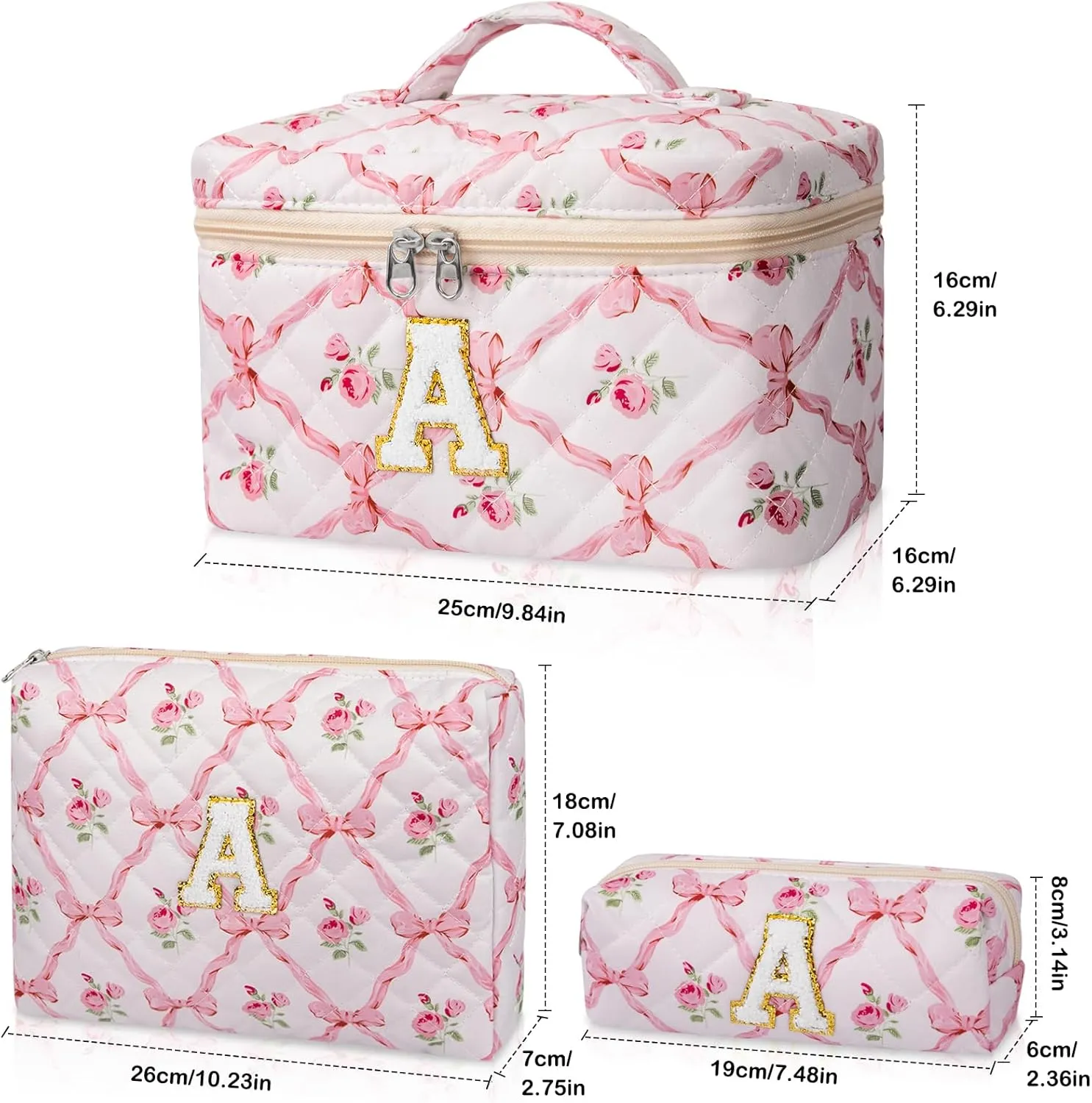 Makeup Bag, Personalized Initial Make up Bag Set, Large Quilted Cosmetic Bag, Cute Floral Makeup Bags for Women Girls, Flower Travel Toiletry Bag Teen Girl Gift A