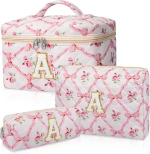 Makeup Bag, Personalized Initial Make up Bag Set, Large Quilted Cosmetic Bag, Cute Floral Makeup Bags for Women Girls, Flower Travel Toiletry Bag Teen Girl Gift A