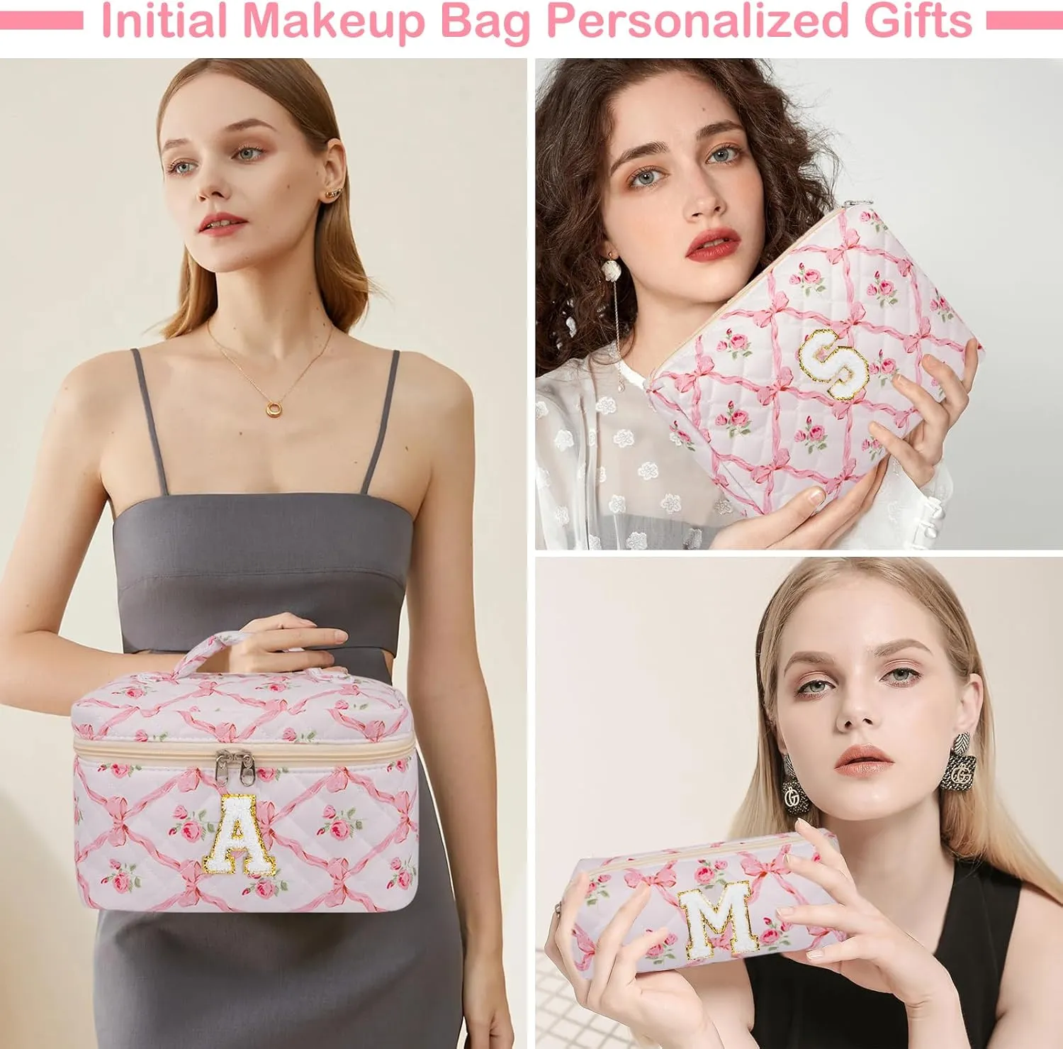 Makeup Bag, Personalized Initial Make up Bag Set, Large Quilted Cosmetic Bag, Cute Floral Makeup Bags for Women Girls, Flower Travel Toiletry Bag Teen Girl Gift A