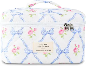Makeup Bag, Quilted Bow Cosmetic Bag, Large Travel Aesthetic Make up Bag, Cute Coquette Toiletry Pouch for Women Girls