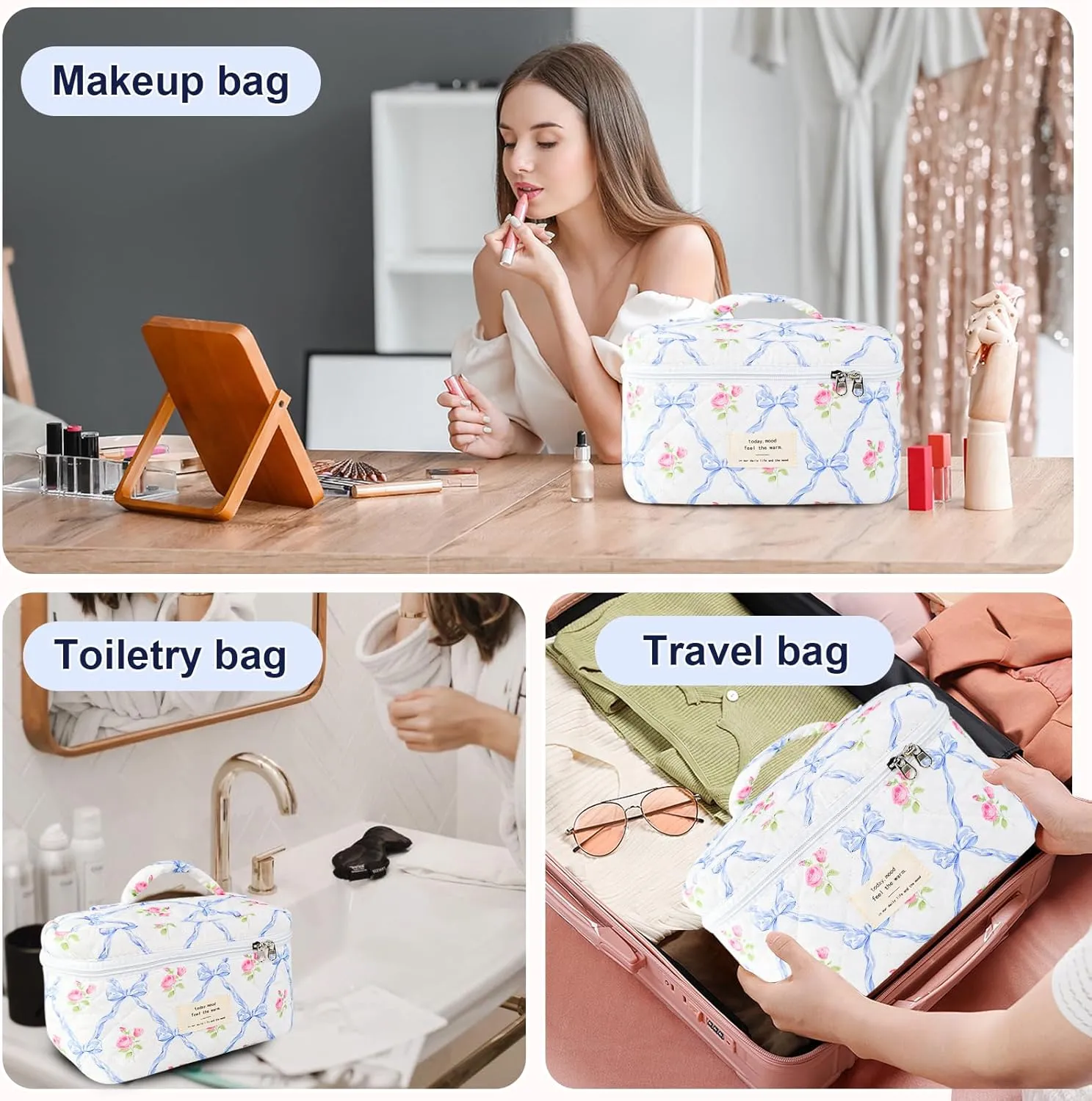 Makeup Bag, Quilted Bow Cosmetic Bag, Large Travel Aesthetic Make up Bag, Cute Coquette Toiletry Pouch for Women Girls