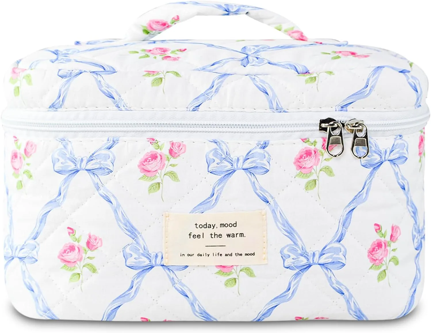 Makeup Bag, Quilted Bow Cosmetic Bag, Large Travel Aesthetic Make up Bag, Cute Coquette Toiletry Pouch for Women Girls