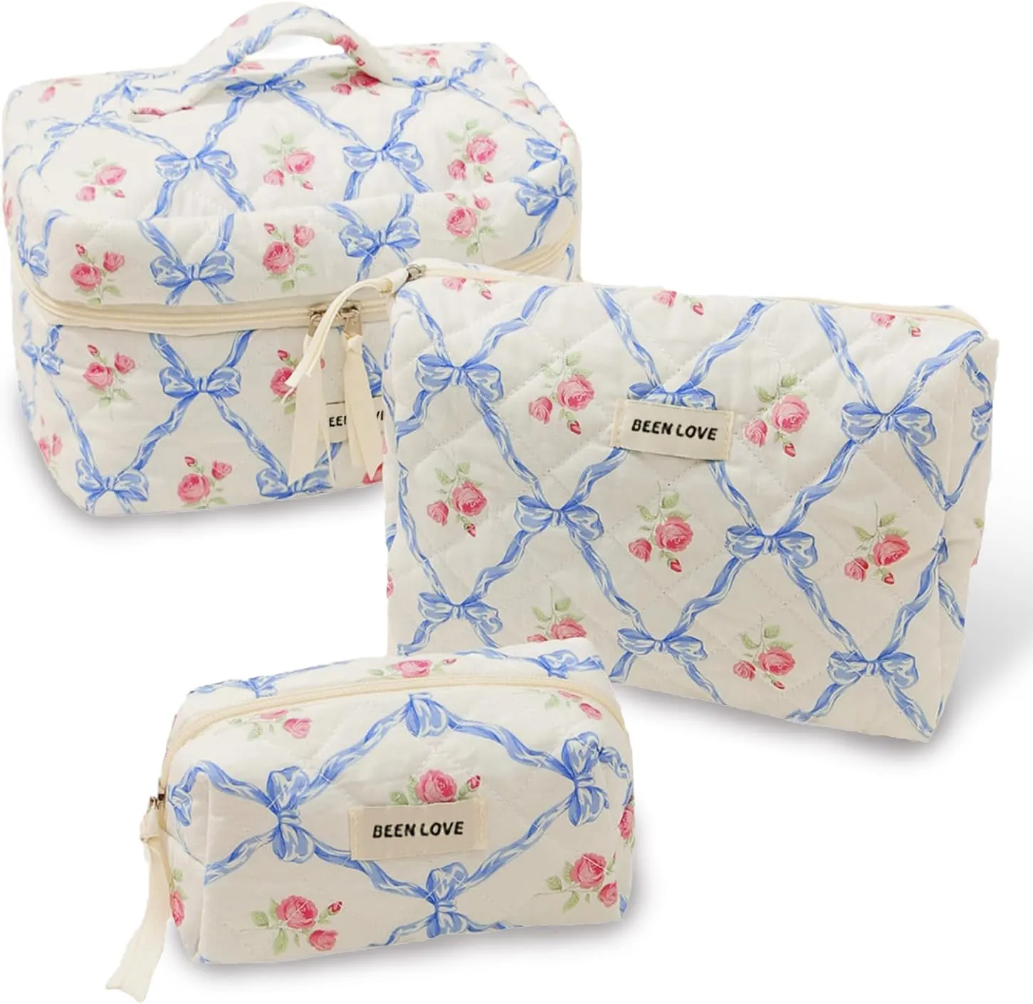Makeup Bag Set, Large Travel Cosmetic Bags for Women, 3pcs Cute Floral Makeup Bags, Cotton Quilted Toiletry Organizer Bag, Women's Emergency Bag (Blue)
