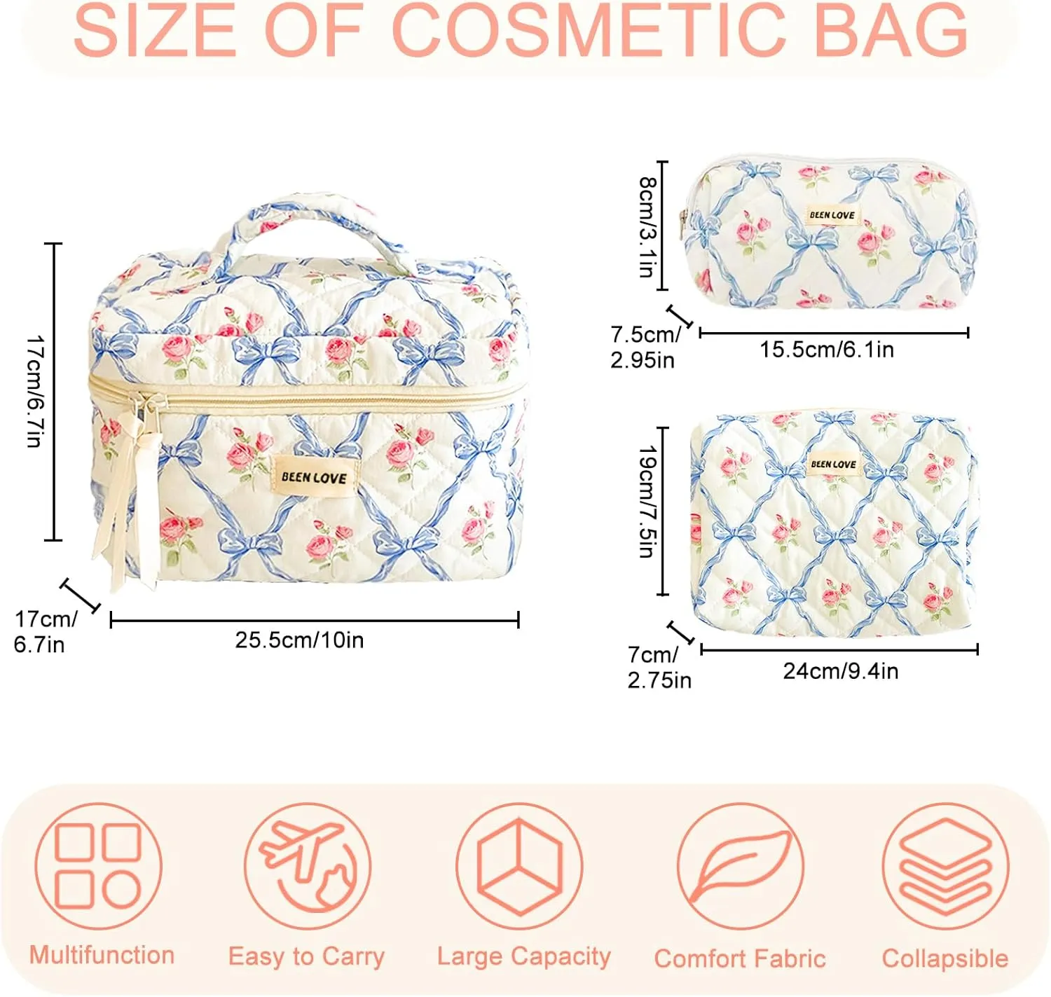 Makeup Bag Set, Large Travel Cosmetic Bags for Women, 3pcs Cute Floral Makeup Bags, Cotton Quilted Toiletry Organizer Bag, Women's Emergency Bag (Blue)