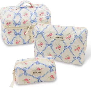 Makeup Bag Set, Large Travel Cosmetic Bags for Women, 3pcs Cute Floral Makeup Bags, Cotton Quilted Toiletry Organizer Bag, Women's Emergency Bag (Blue)