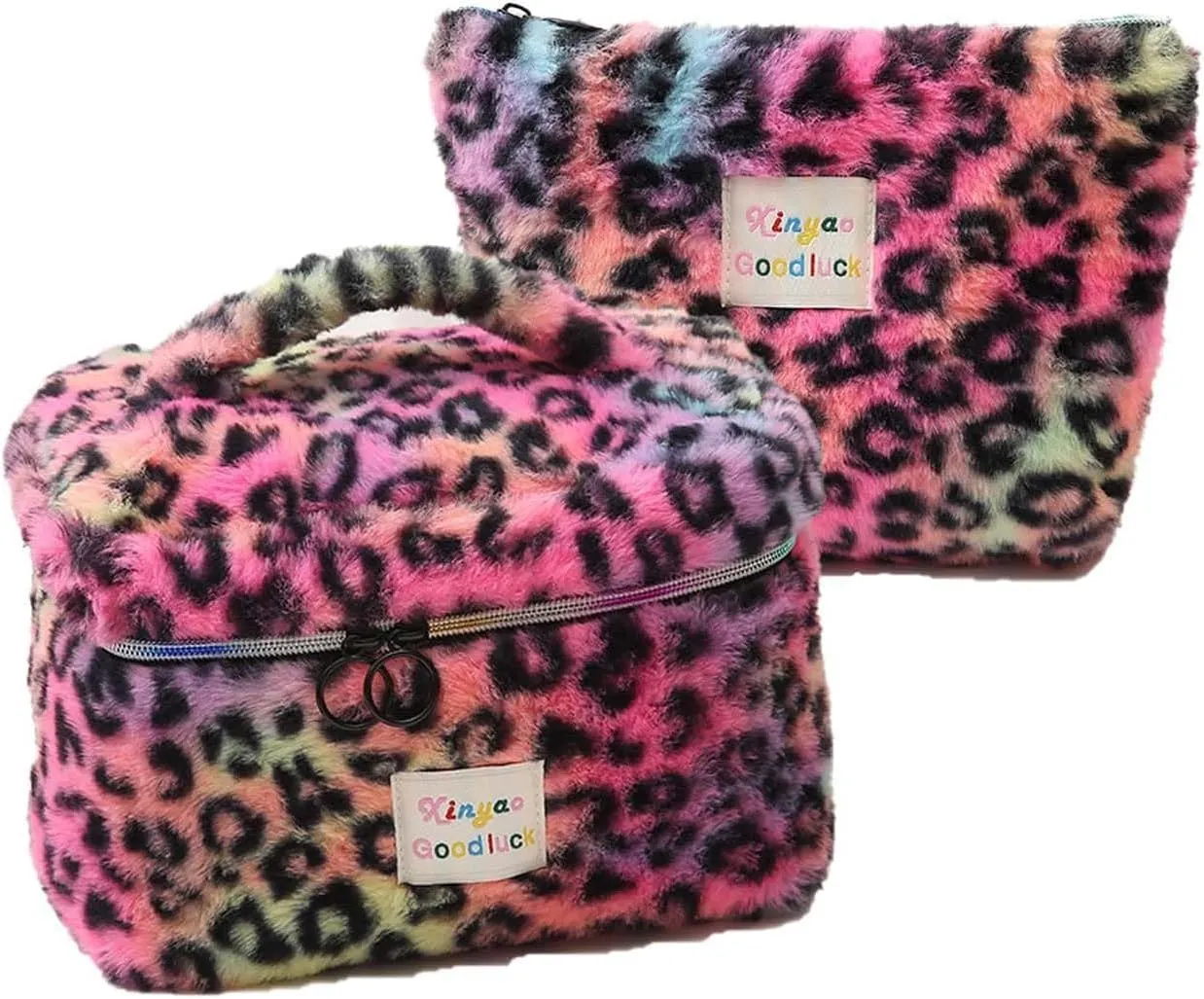 Makeup Bag Set Large Travel Quilted Makeup Bag for Women, Leopard print Faux rabbit fur Cotton Cosmetic Bag for Women, Travel Toiletry Organizer Bag (Colorful leopard)