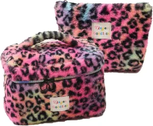Makeup Bag Set Large Travel Quilted Makeup Bag for Women, Leopard print Faux rabbit fur Cotton Cosmetic Bag for Women, Travel Toiletry Organizer Bag (Colorful leopard)