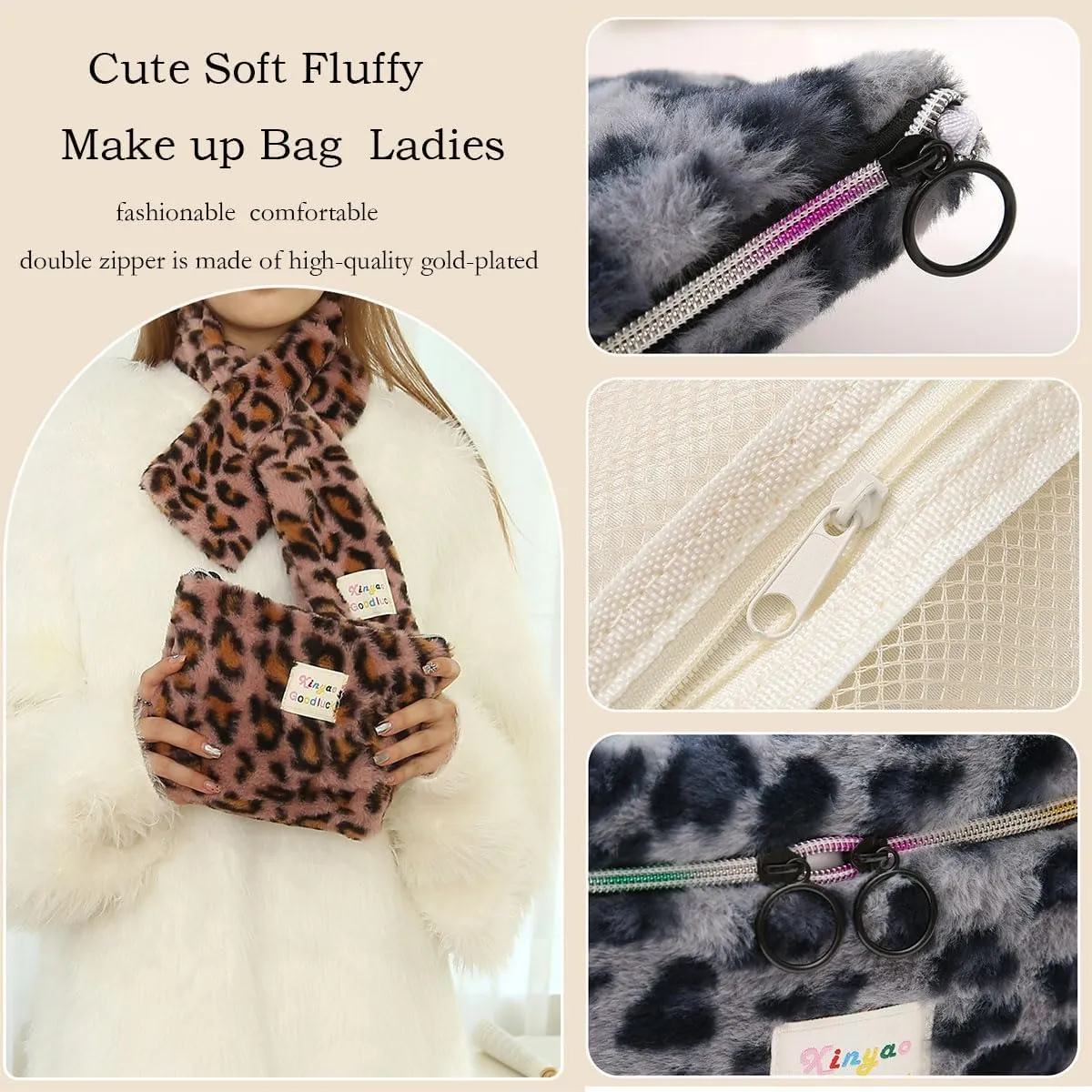 Makeup Bag Set Large Travel Quilted Makeup Bag for Women, Leopard print Faux rabbit fur Cotton Cosmetic Bag for Women, Travel Toiletry Organizer Bag (Colorful leopard)