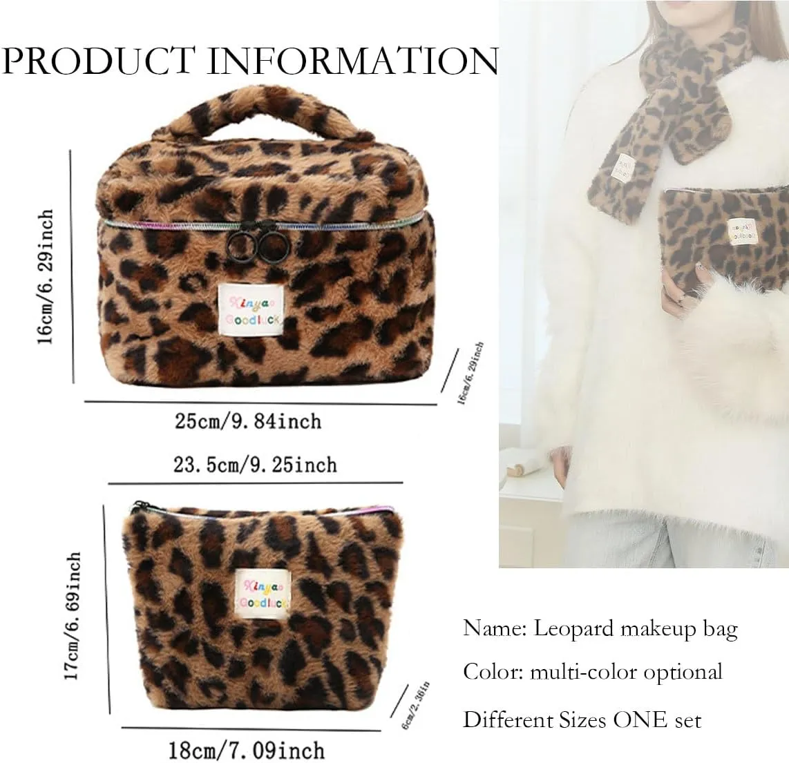 Makeup Bag Set Large Travel Quilted Makeup Bag for Women, Leopard print Faux rabbit fur Cotton Cosmetic Bag for Women, Travel Toiletry Organizer Bag (Colorful leopard)