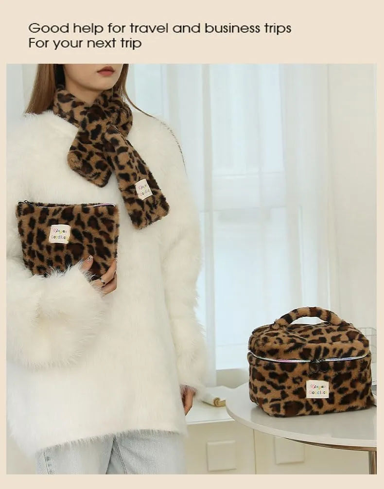 Makeup Bag Set Large Travel Quilted Makeup Bag for Women, Leopard print Faux rabbit fur Cotton Cosmetic Bag for Women, Travel Toiletry Organizer Bag (Colorful leopard)