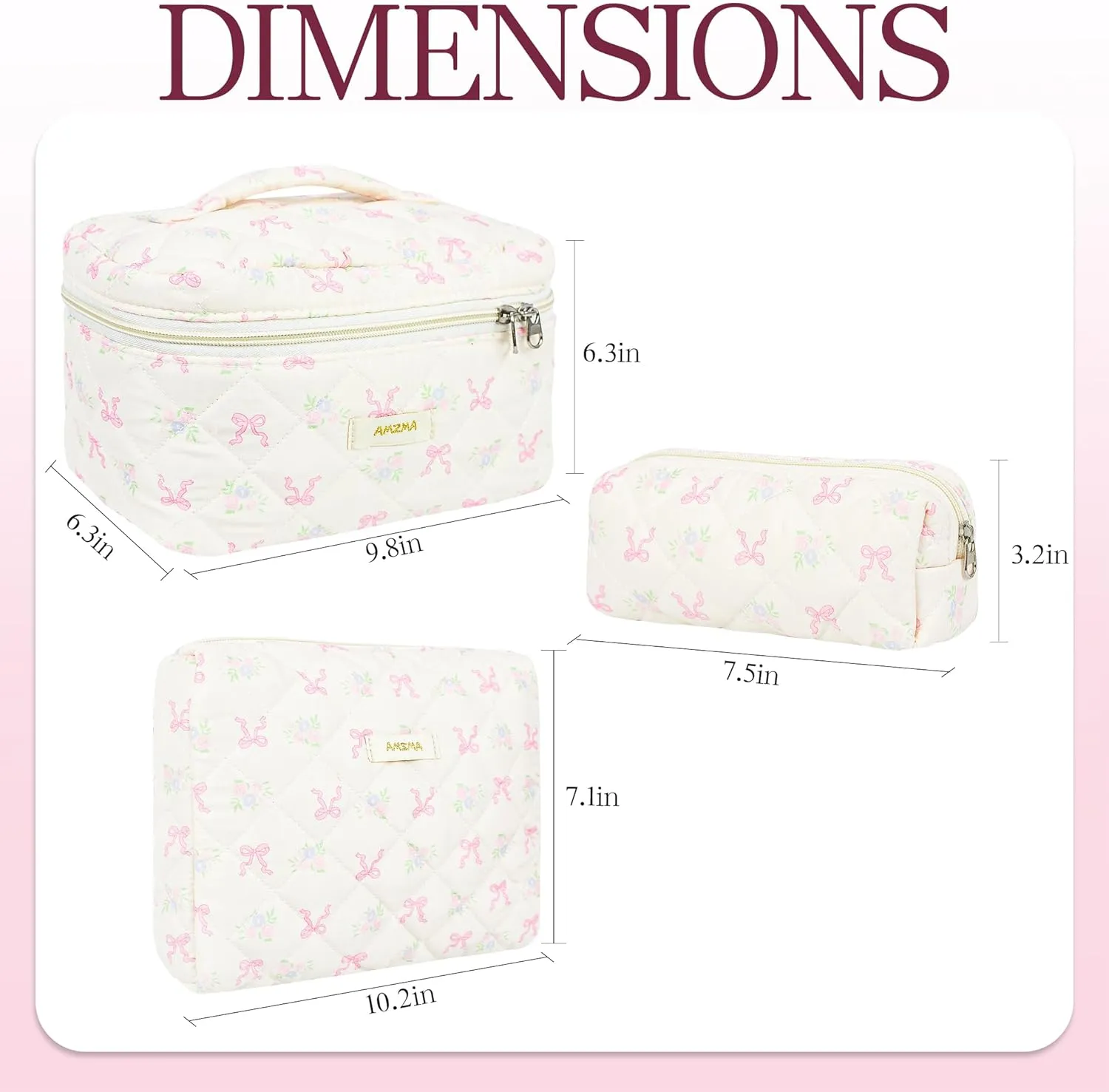 Makeup Bag Travel Cosmetic Bag, 3 PCS Quilted Make Up Bags for Women Makeup Organizer Case, Coquette Makeup Pouch Travel Essentials Toiletries Accessories