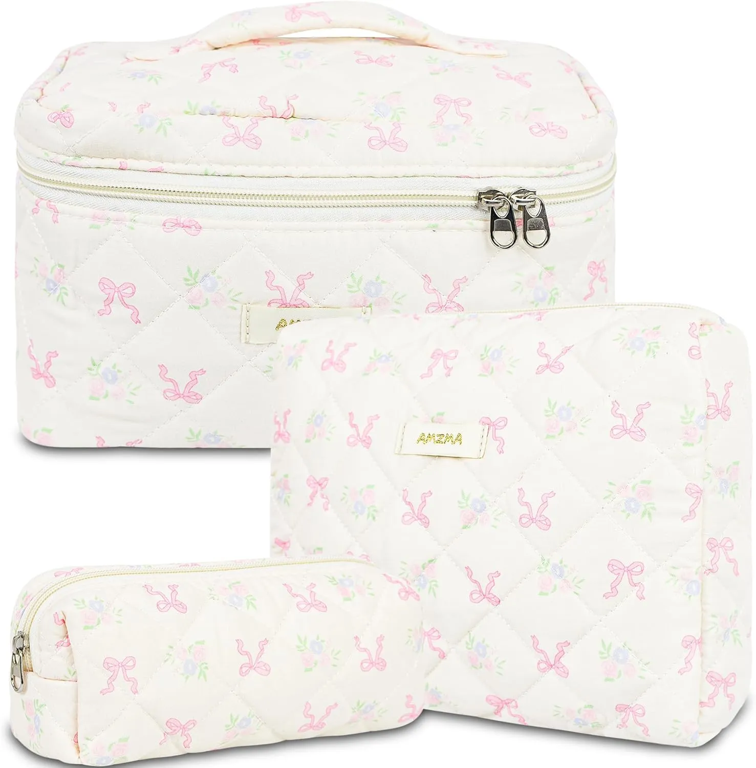 Makeup Bag Travel Cosmetic Bag, 3 PCS Quilted Make Up Bags for Women Makeup Organizer Case, Coquette Makeup Pouch Travel Essentials Toiletries Accessories